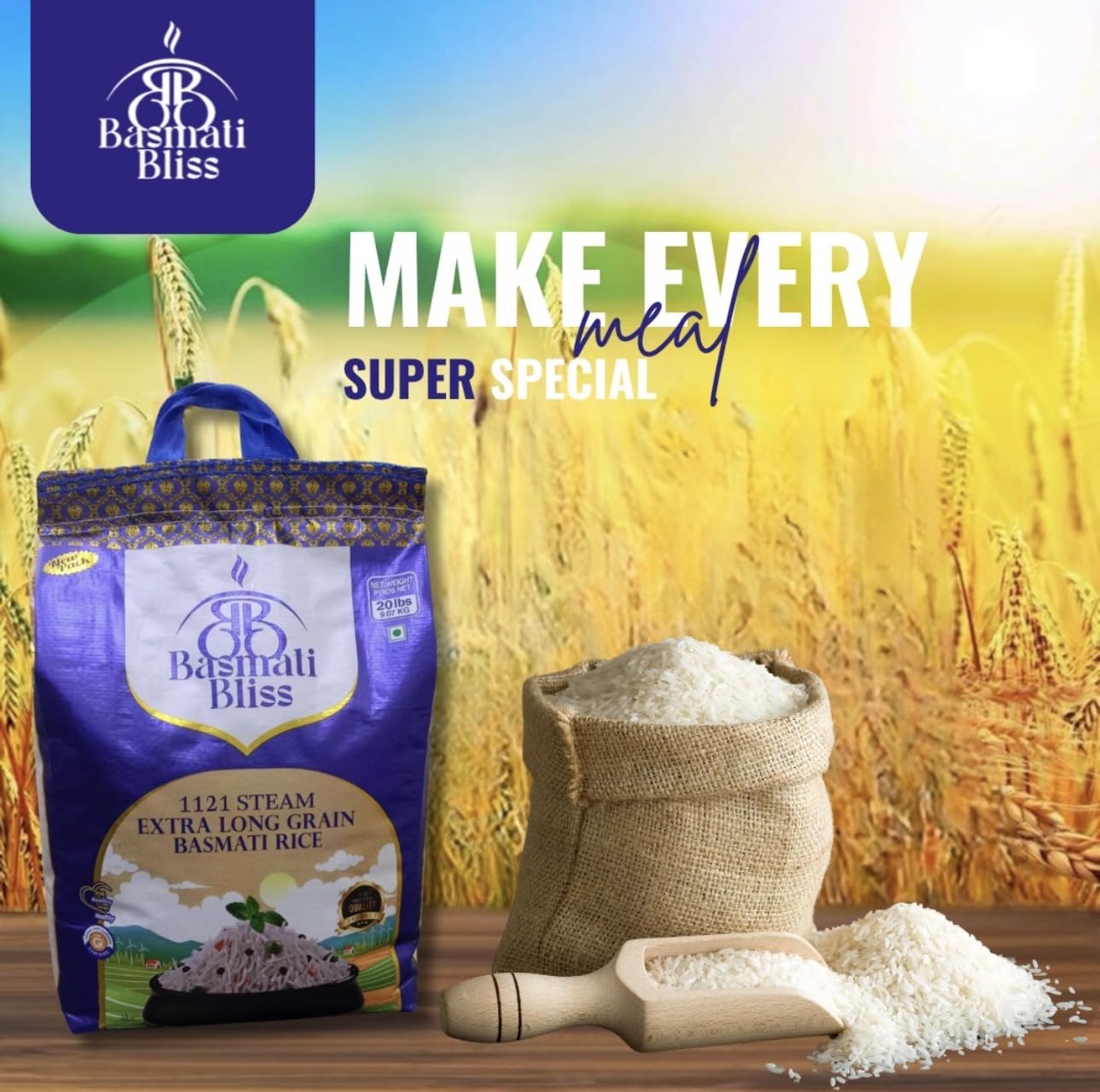 Basmati Bliss 1121 Steam Extra Long Grain Basmati Rice 20 LB - Premium Aged Indian White Rice - Aromatic, Fluffy, Non-Sticky - Perfect for Biryani, Pulao & Daily Cooking