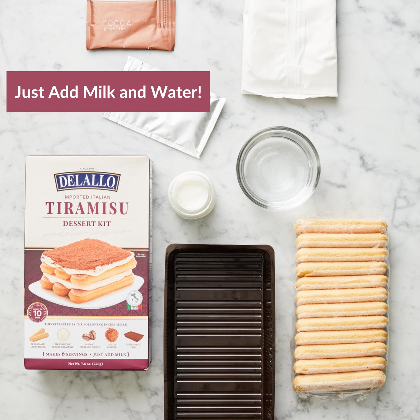 DeLallo Tiramisu Kit, No-Bake Italian Dessert Mix, Tiramisu Cake Mix with Savoiardi Lady Fingers and Mascarpone Cheese Filling, Includes Instant Espresso Powder and Cocoa Powder (1 Pack)
