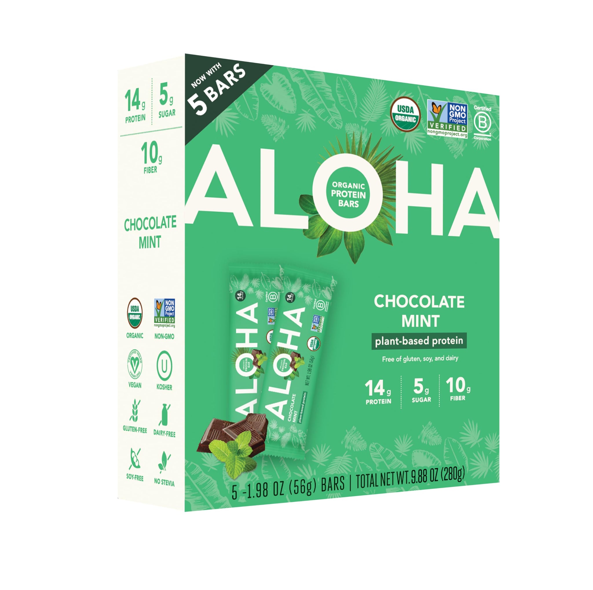 Aloha, Organic Bar Protein Chocolate Mint 5 Count, 1.98 Ounce