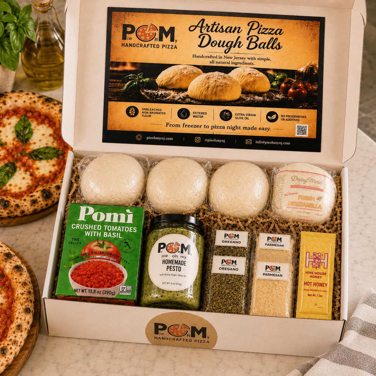 Pie Oh My Artisan Pizza Night Kit - 3 Pizza Dough Balls with Mozzarella, Tomato Basil Sauce, Pesto, Parmesan, Oregano & Hot Honey
