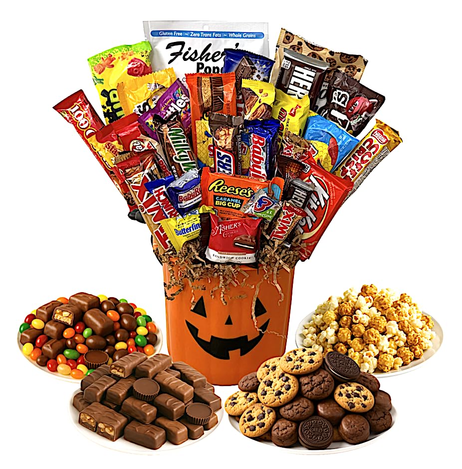 Halloween Pumpkin Gift Basket Hand-Crafted with your favorite chocolates, cookies, and candies