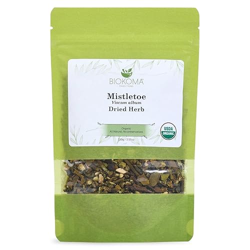 Biokoma Organic Mistletoe Dried Herb 100g 3.55oz Cut & Sifted Viscum Album Herbal Tea Cardiovascular & Nervous System Support Resealable Pouch USDA