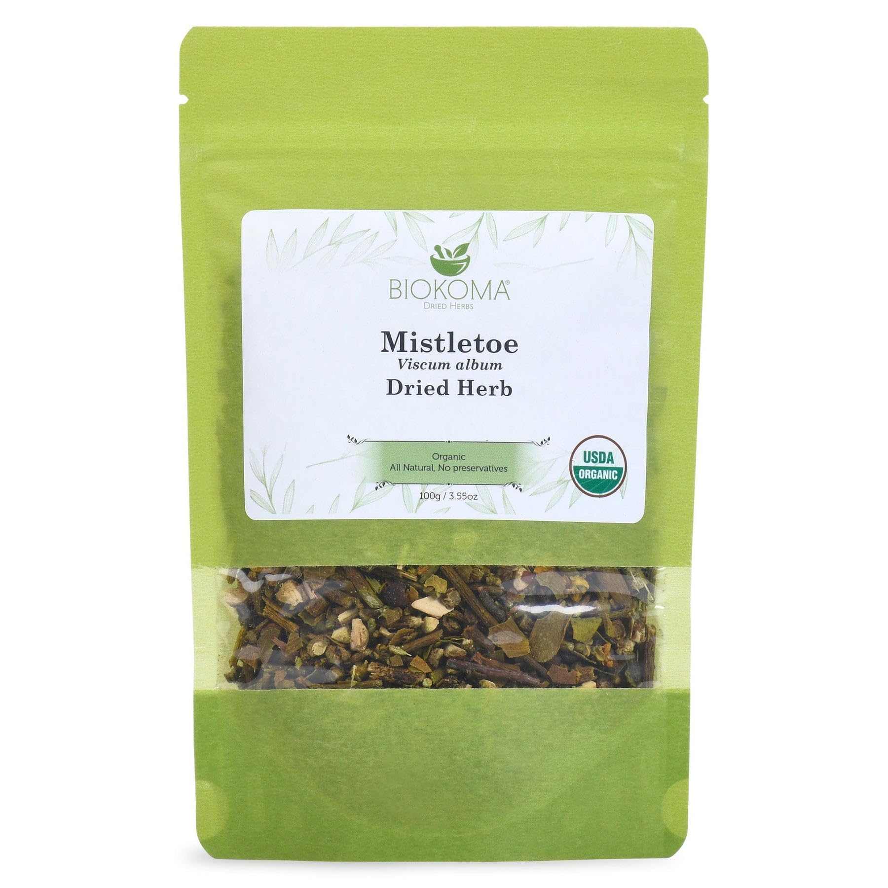 Biokoma Organic Mistletoe Dried Herb 100g 3.55oz Cut & Sifted Viscum Album Herbal Tea Cardiovascular & Nervous System Support Resealable Pouch USDA