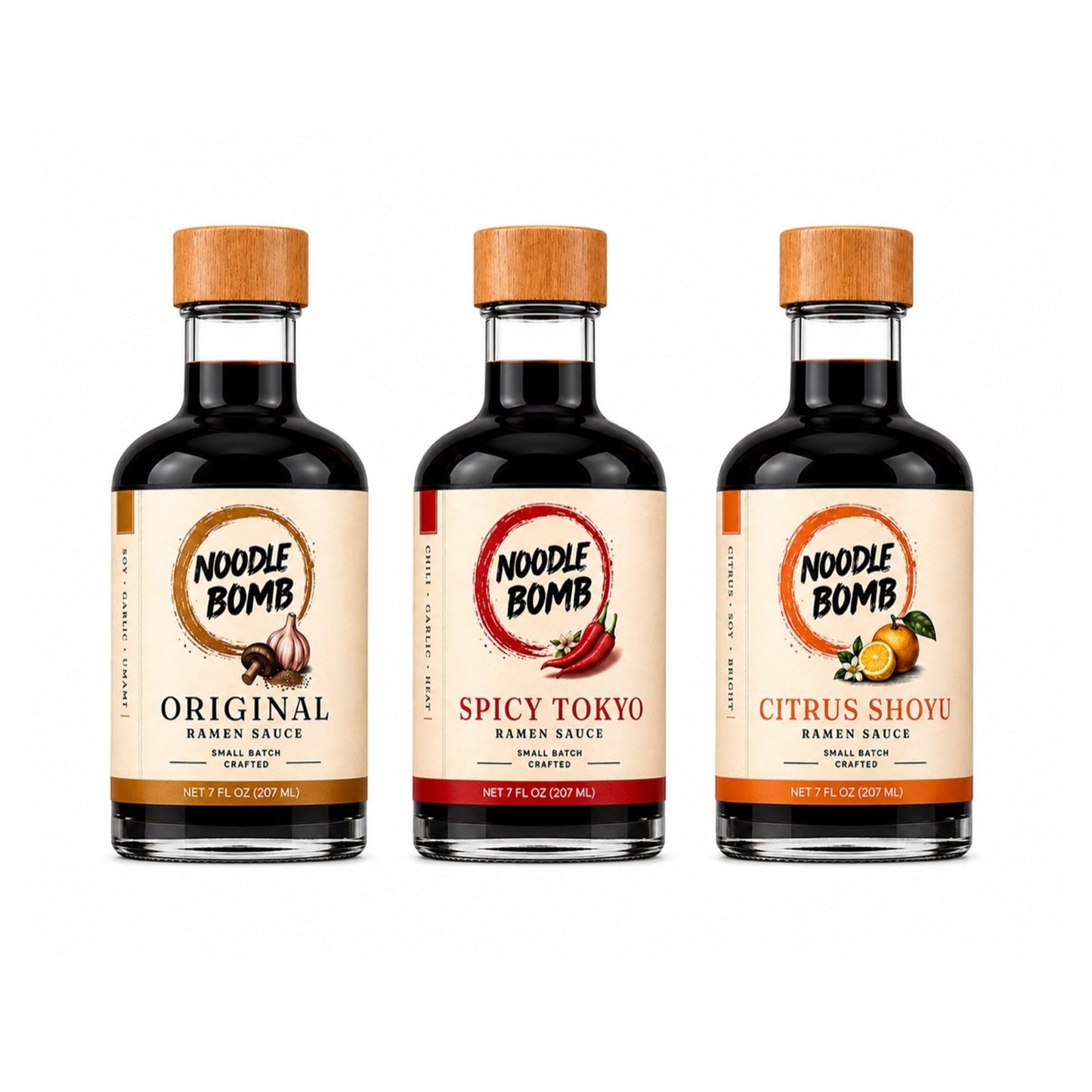 NoodleBomb Ramen Sauce Trio - Original, Spicy Tokyo & Citrus Shoyu - 3 Bottle Japanese-Style Sauce Sampler