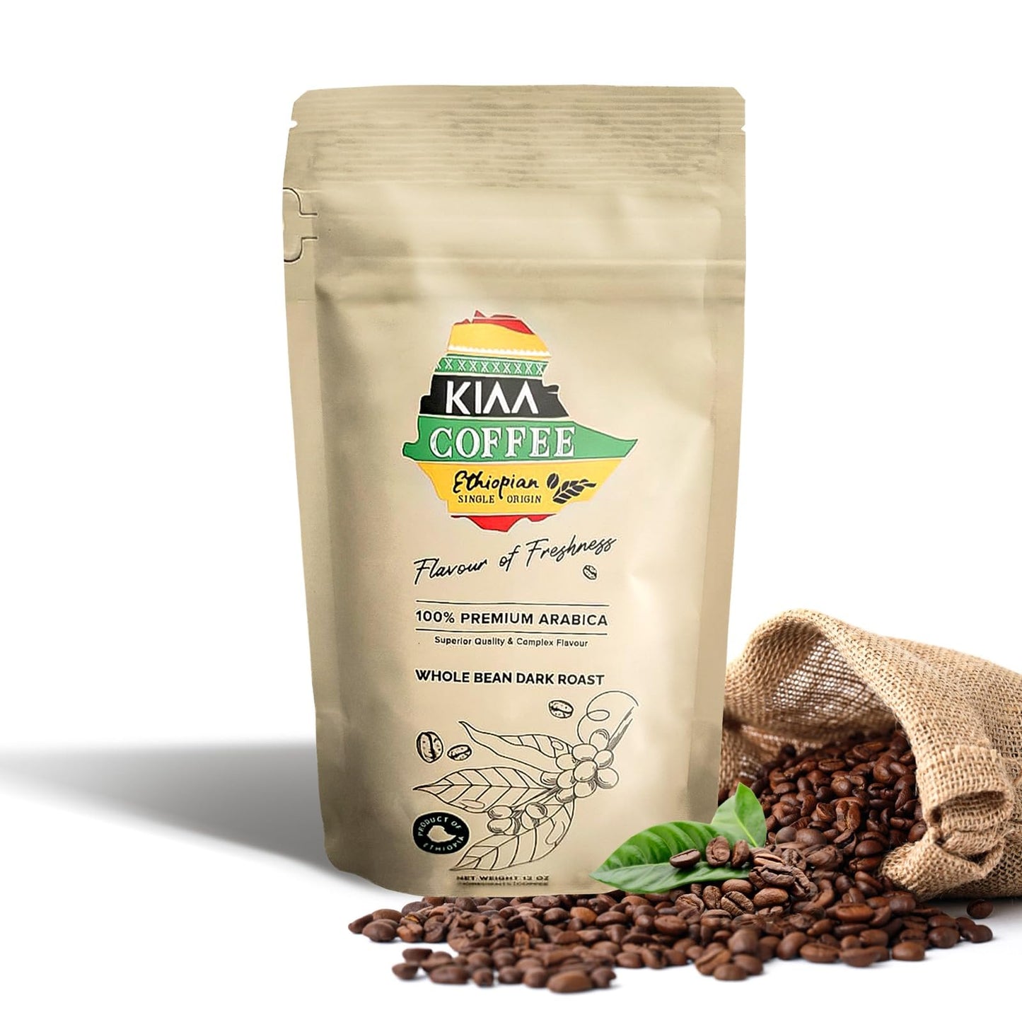 KIAA Ethiopian Premium Whole Bean Dark Roast - 12oz, 100% Organic Arabica, Full-Bodied Bold Flavor, Rich & Smooth, Perfect for Espresso, French Press