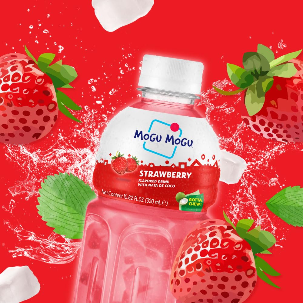 Mogu Mogu Strawberry Juice Drink with Nata de Coco (Coconut Jelly) - Chewy Fruit Beverage for Kids & Adults, 6 Pack Bottles, 10.82 fl oz Each