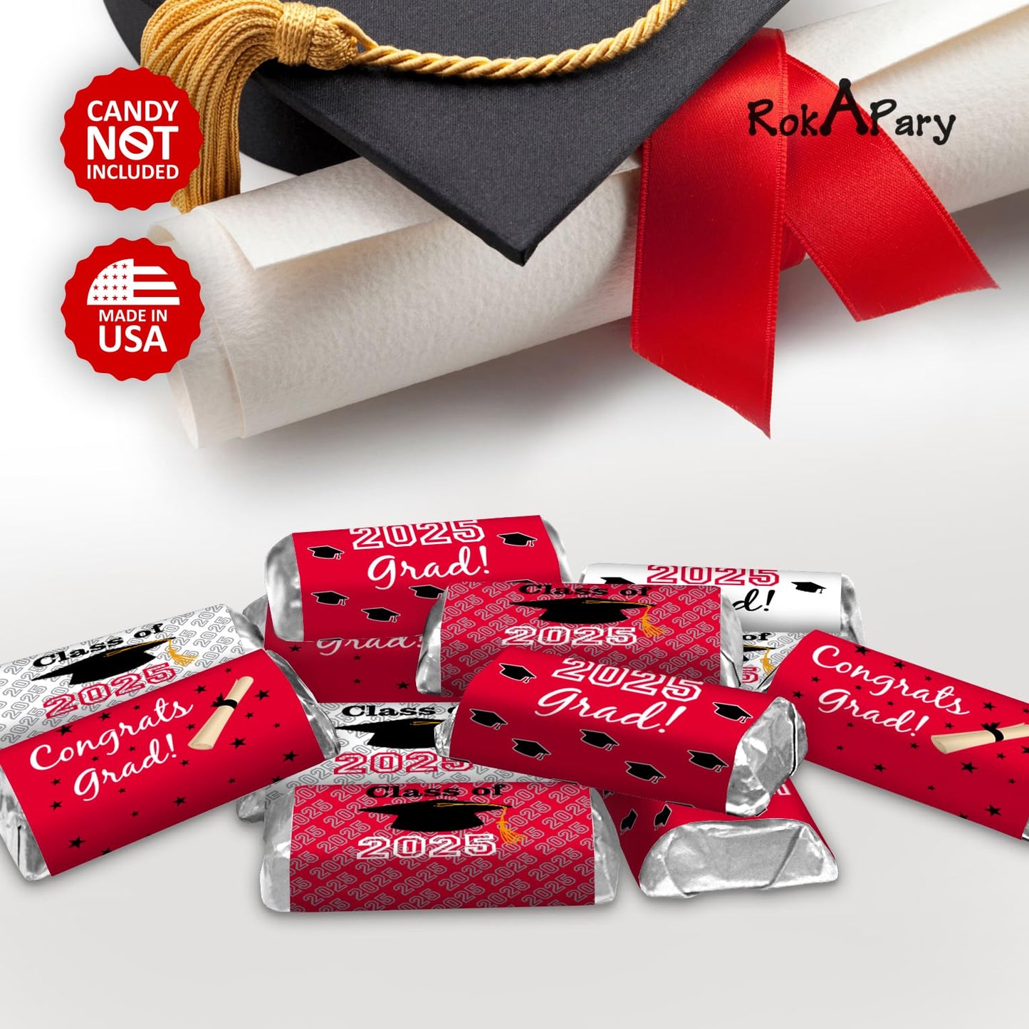 60 New Graduation Cap Party Class of 2026 Miniatures Candy Bar Wrapper, Mini Candy Chocolate Bar Stickers, Labels, Candy Not Included, Color Red. Made