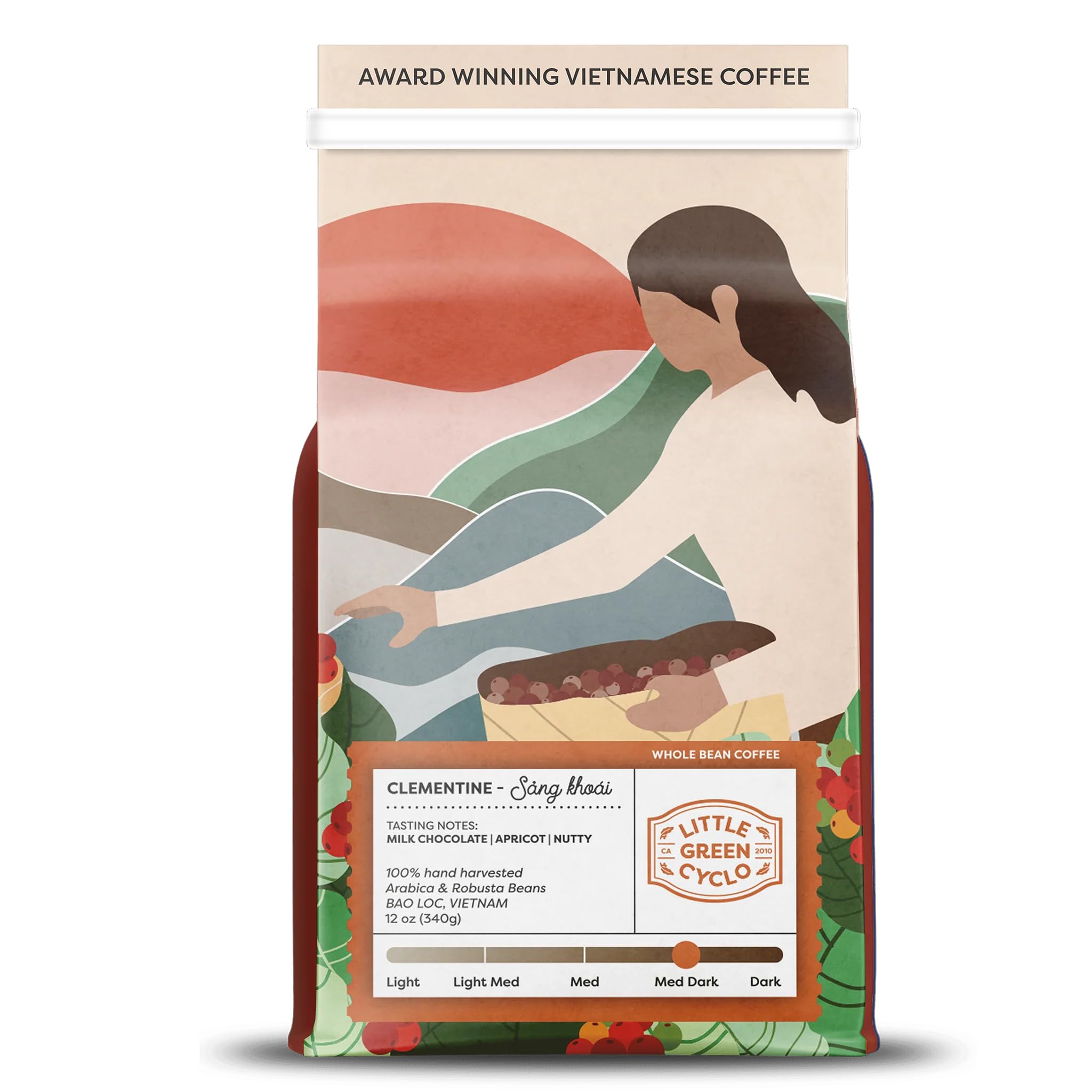 Little Green Cyclo Vietnamese Coffee Beans, Medium Roast, Robusta & Arabica Blend, Vietnam Central Highlands, Single-Origin (Single Bag, Clementine)
