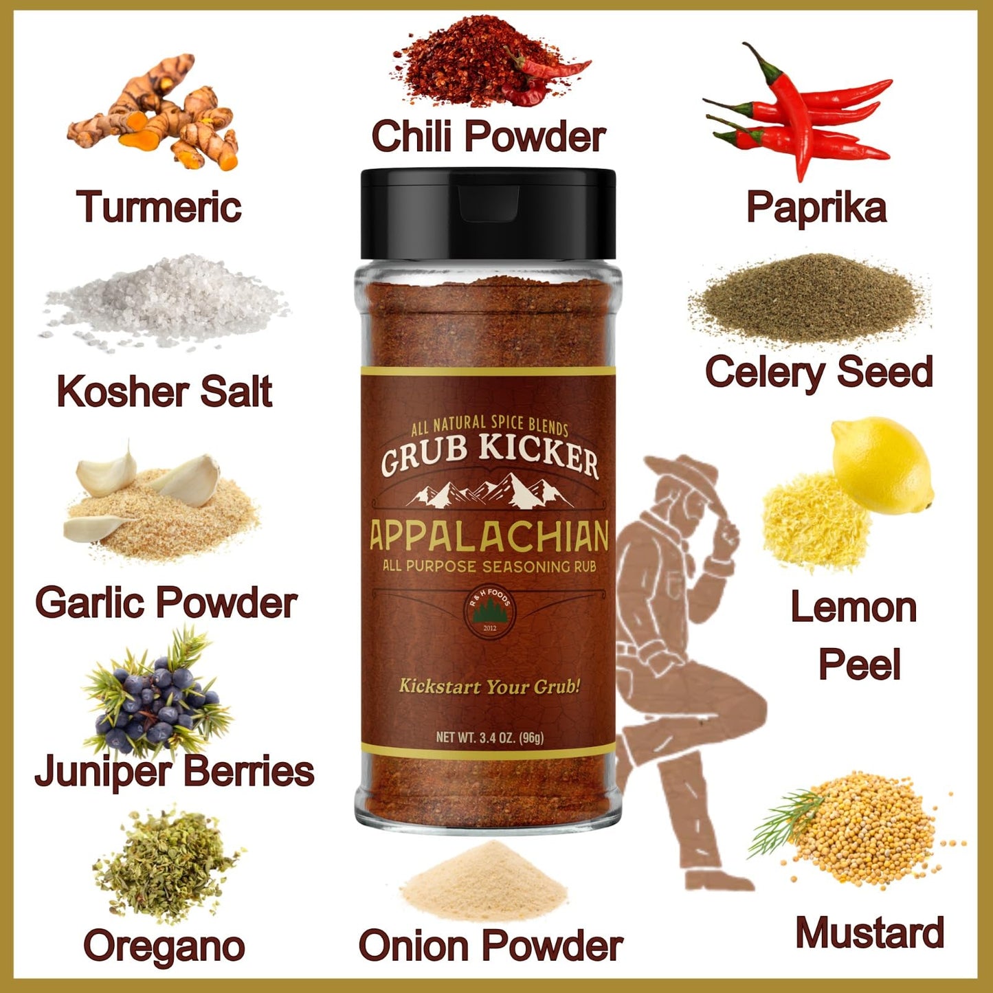 Grub Kicker assorted 4 pack includes: Wildflower Herbes De Provence, Appalachian All Purpose, Baja Fish Taco, Public House Sunday Roast. Premium