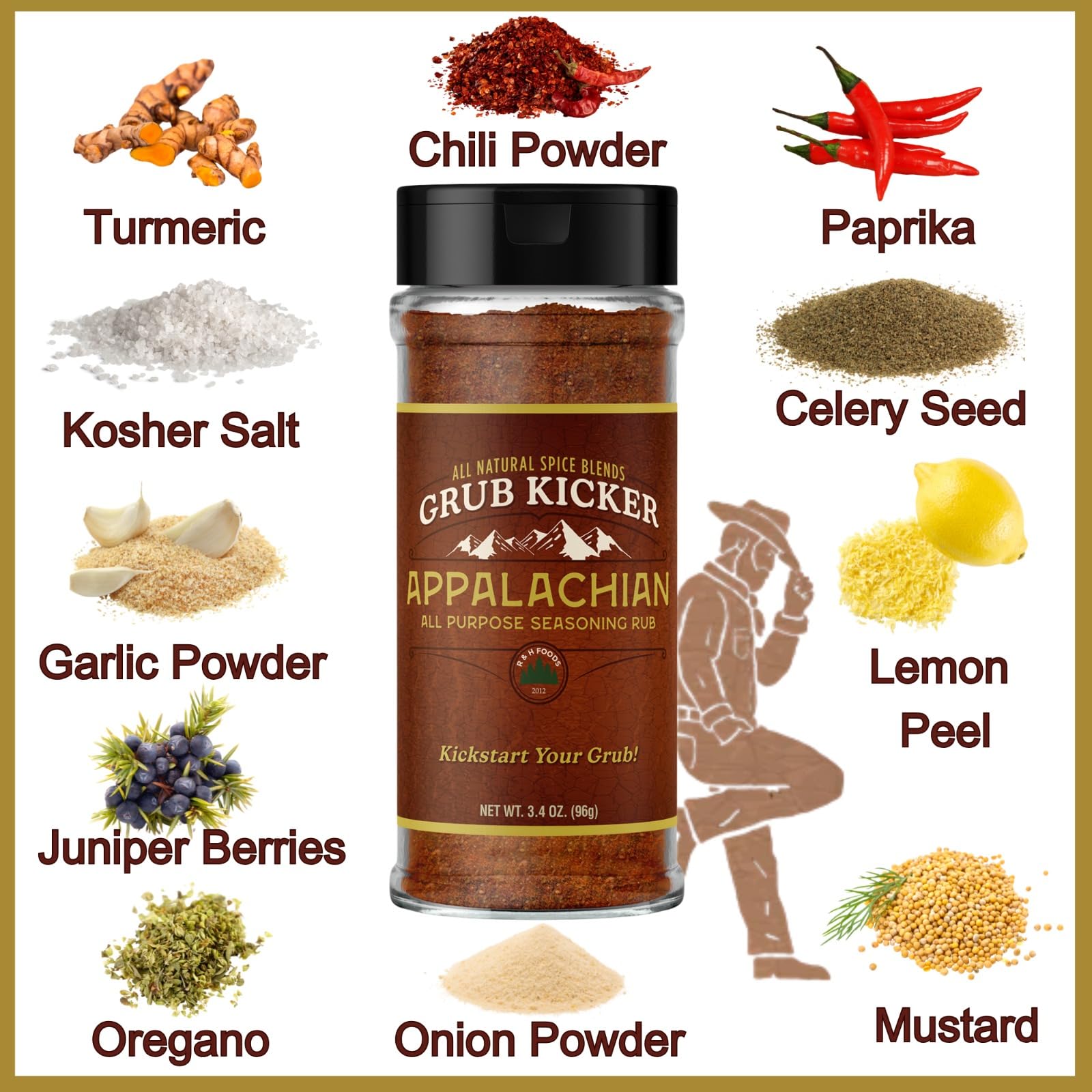 Grub Kicker assorted 4 pack includes: Wildflower Herbes De Provence, Appalachian All Purpose, Baja Fish Taco, Public House Sunday Roast. Premium