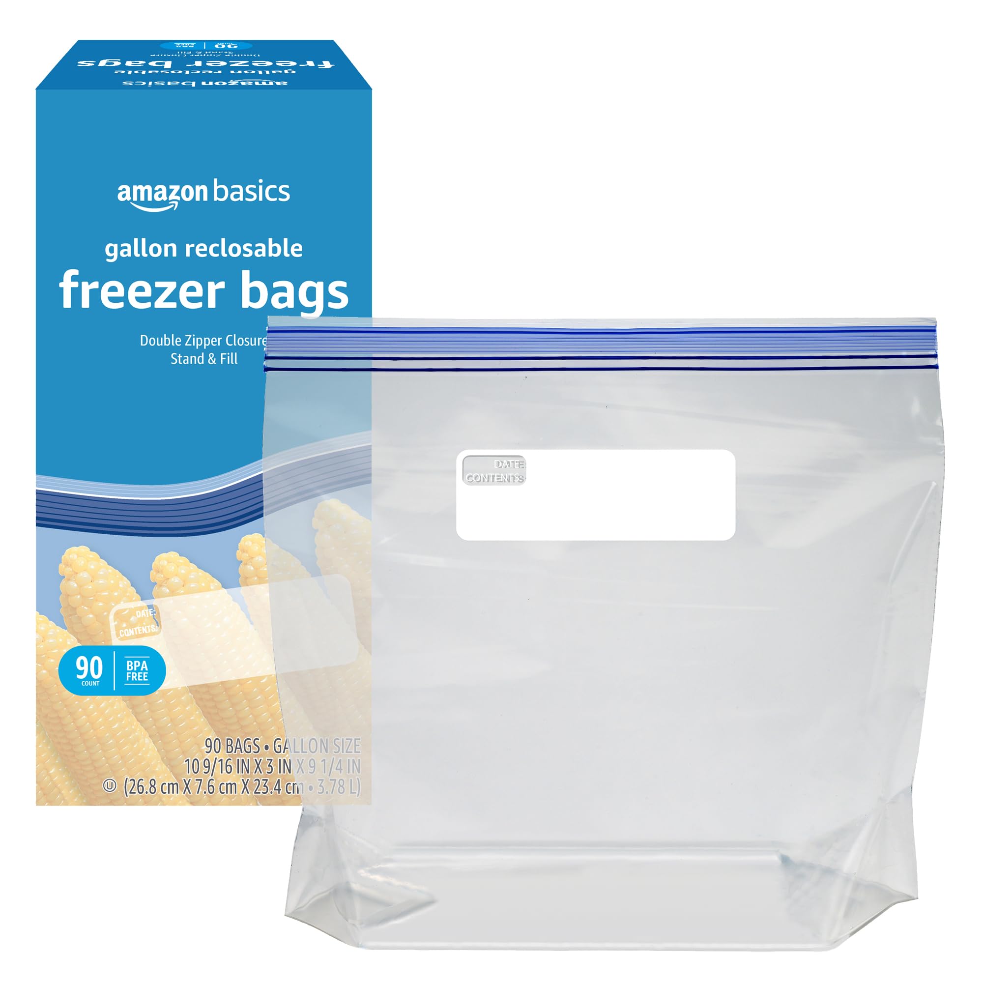 Amazon Basics Reclosable Freezer Gallon Size Bags with Double Zipper Seal, Stand-Up Bottom, BPA Free, 90 Count (Previously Solimo)