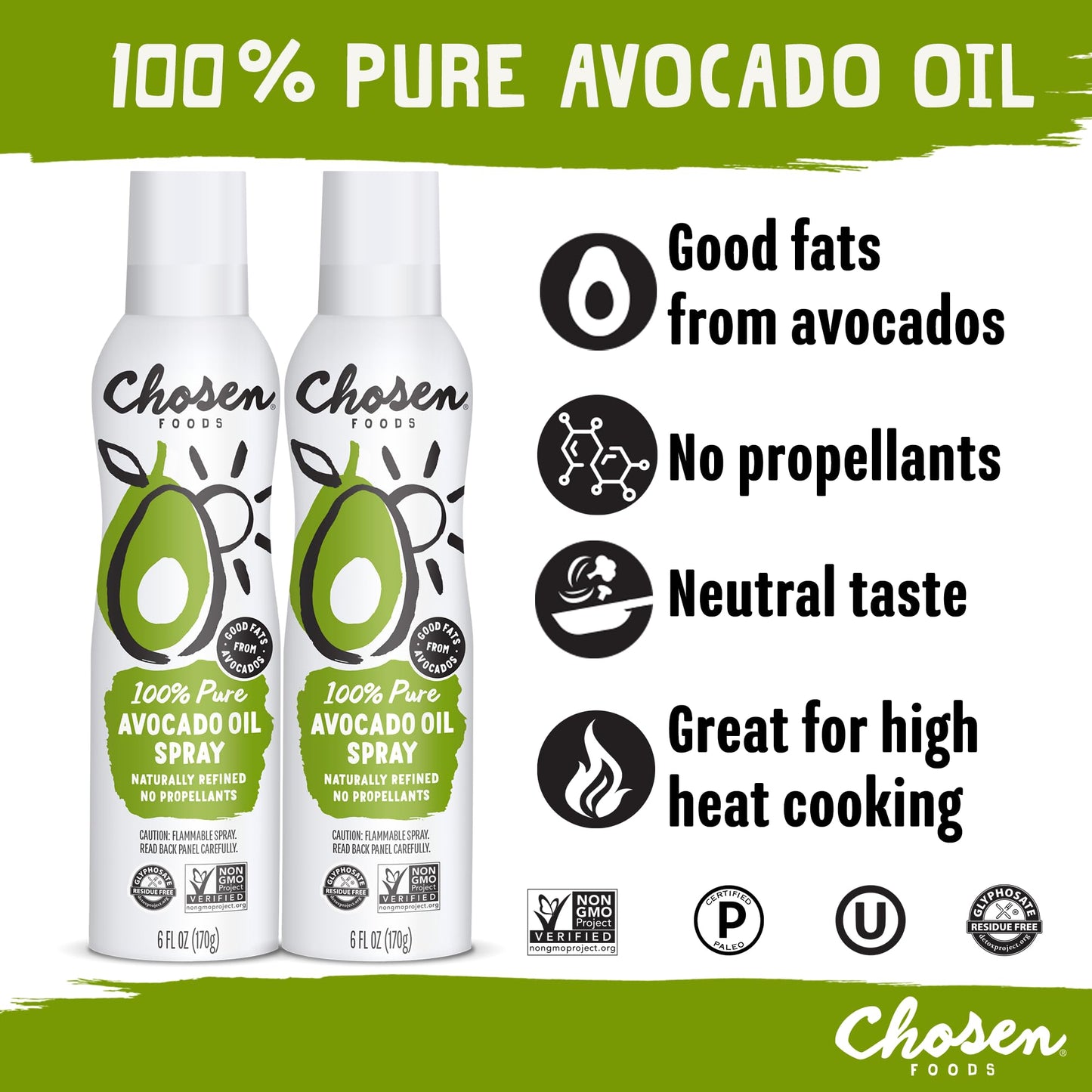 Chosen Foods 100% Pure Avocado Oil Spray, Keto Diet Friendly, Kosher Cooking Spray for Baking, High-Heat Cooking and Frying (6 oz, 2 Pack)