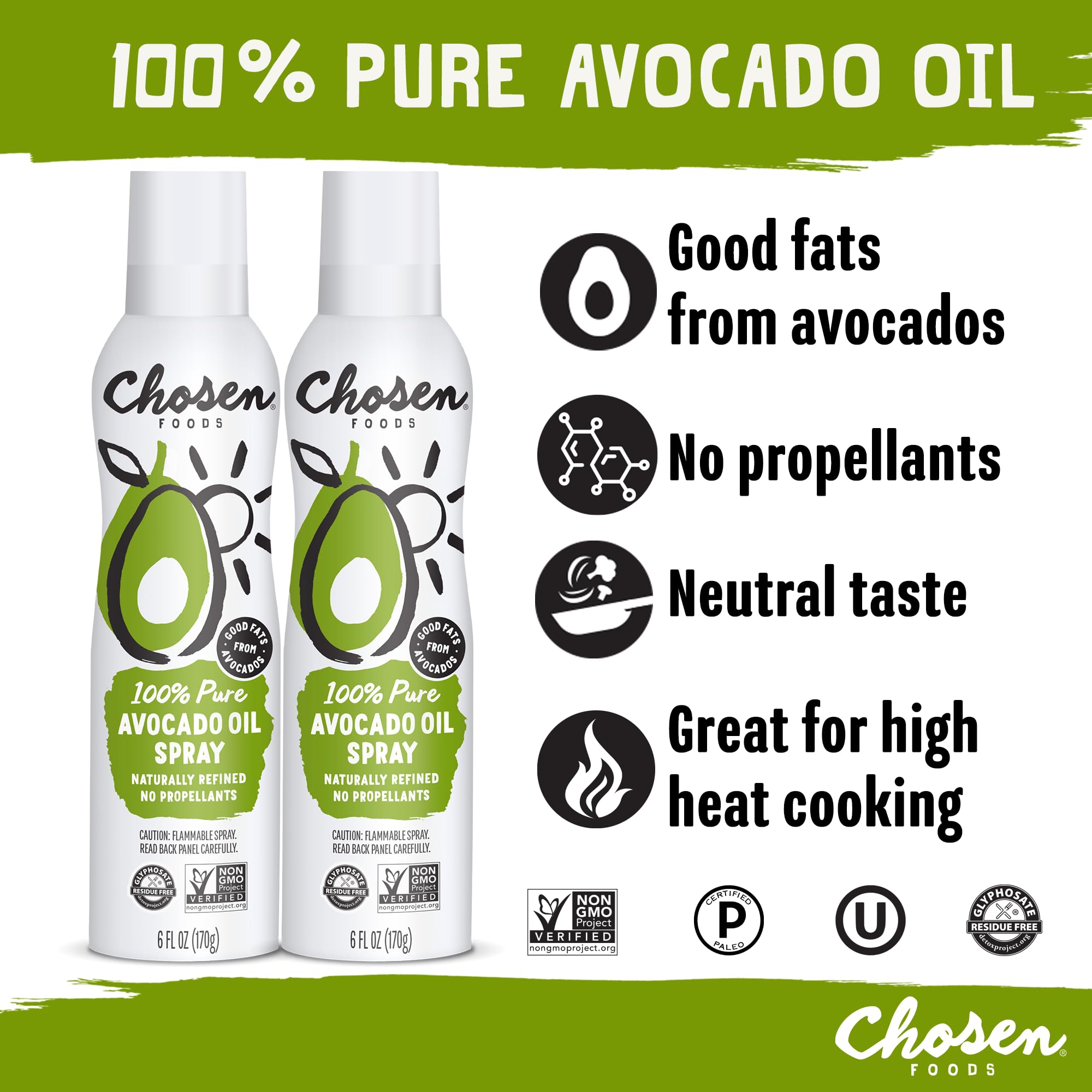 Chosen Foods 100% Pure Avocado Oil Spray, Keto Diet Friendly, Kosher Cooking Spray for Baking, High-Heat Cooking and Frying (6 oz, 2 Pack)
