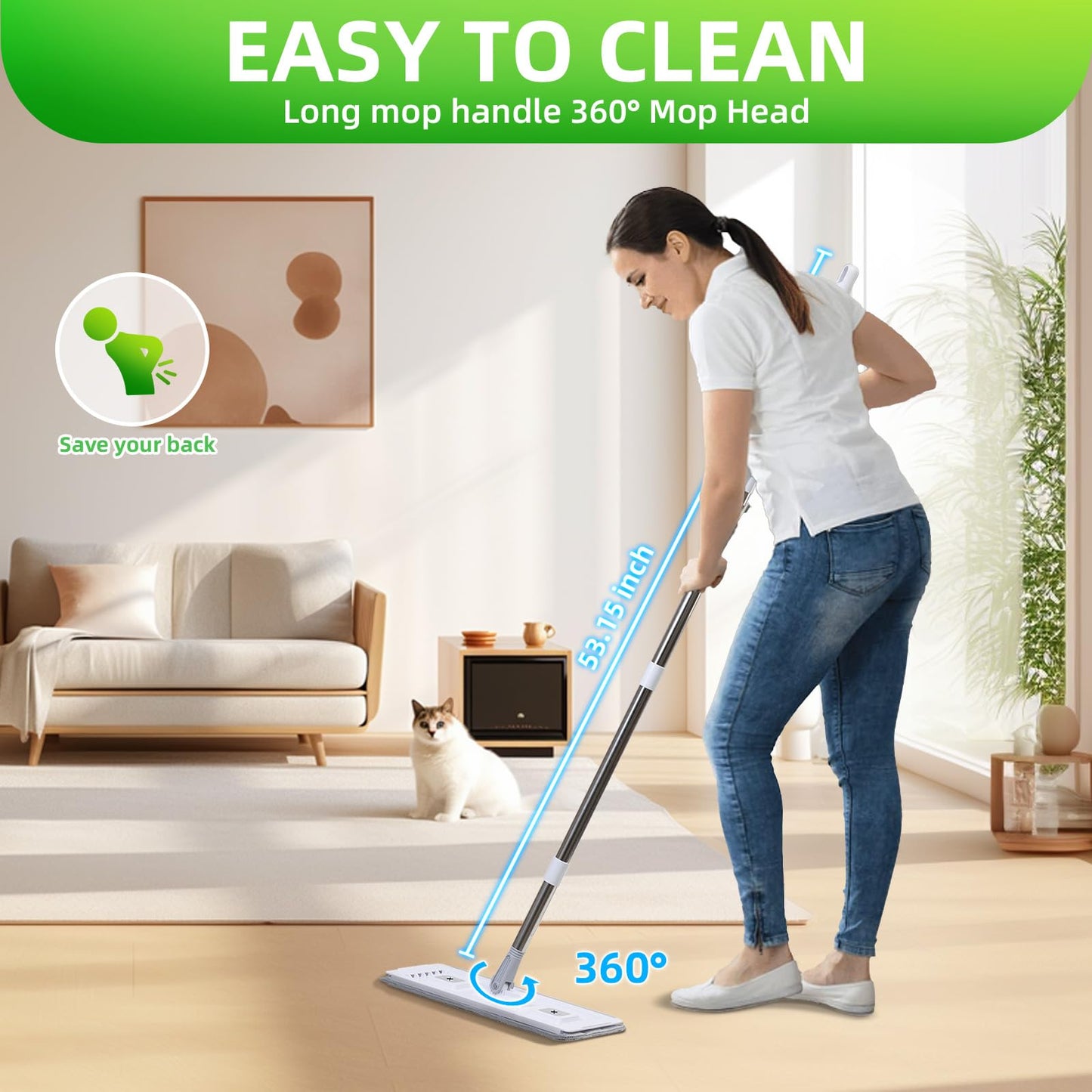 ZJSYJJ Mop and Bucket Set: 360° Flat Squeeze Mop with Long Handle & Wringer Bucket, 6 Washable Microfiber Pads for Kitchen, Bathroom, Wall Cleaning