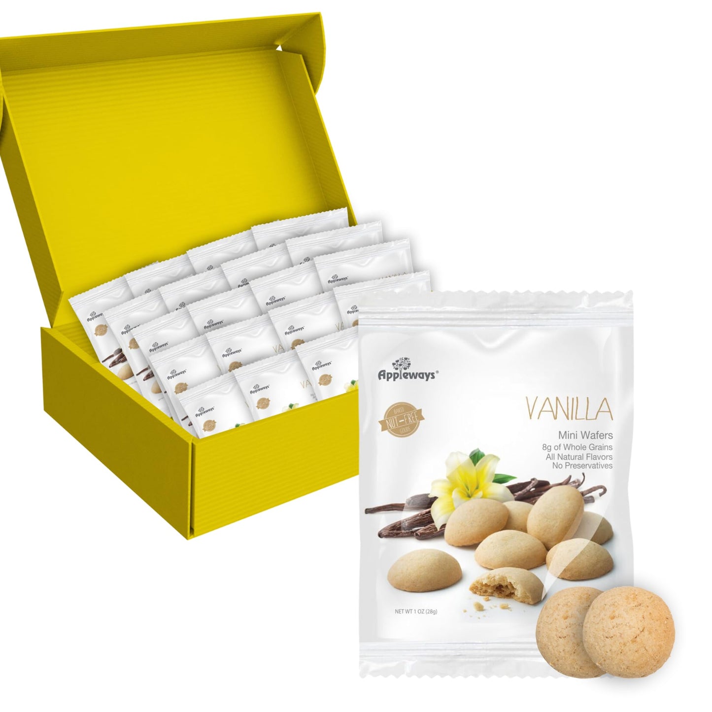 Appleways Mini Vanilla Wafers, 1 oz, 20 Count - Whole Grain Vanilla Wafer Cookies, Individually Wrapped Snacks for Kids & Adults, No Preservatives