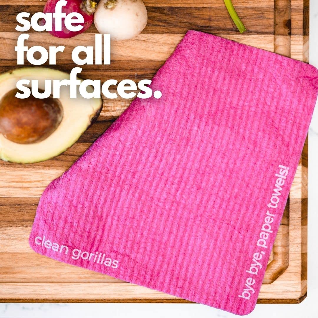 Clean Gorillas Swedish Dishcloths for Kitchen, Reusable Paper Towels, Ultra Absorbent, Eco-Friendly and Machine Washable, 5 Sheets and 3 Adhesive