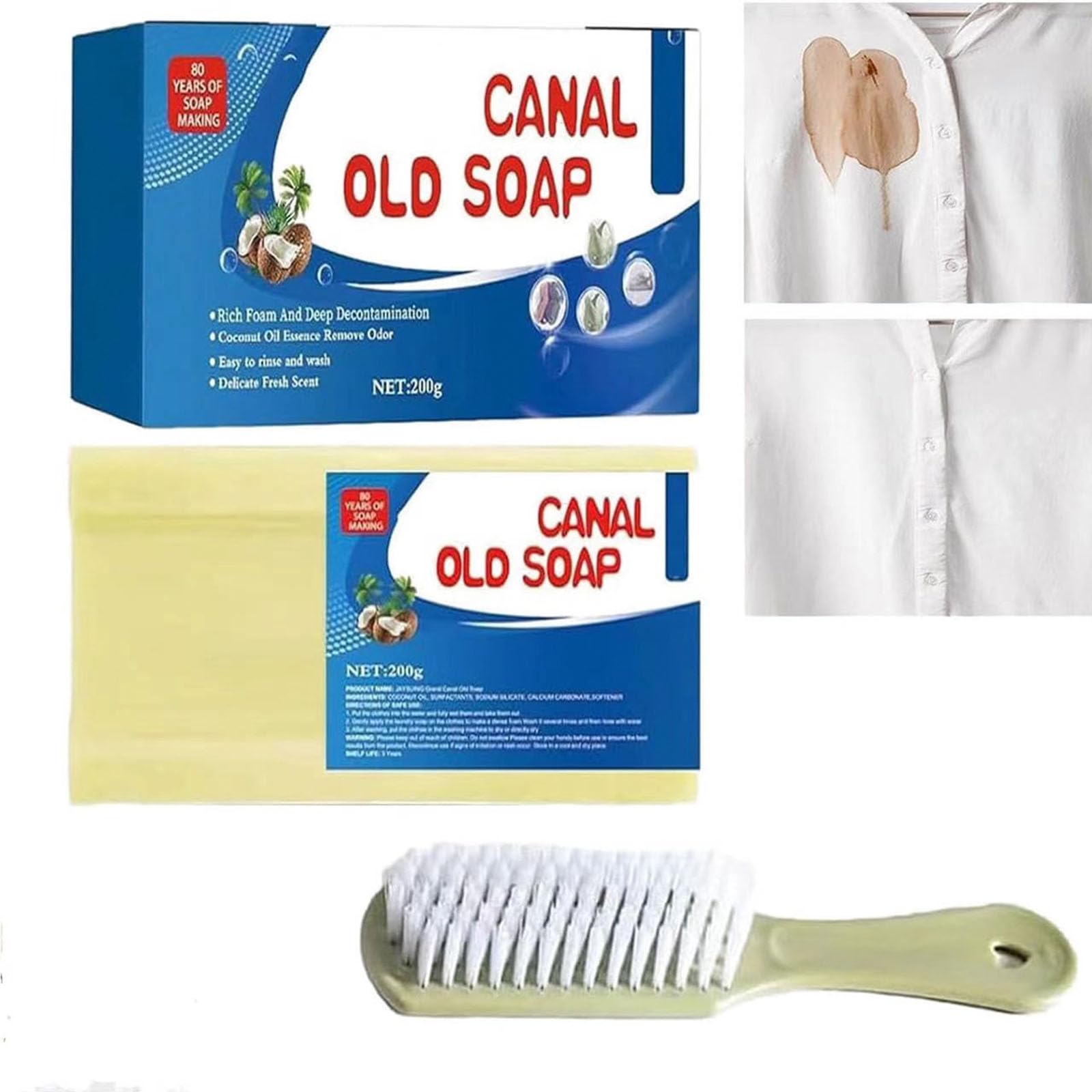 Canal Old Soap with Brush,2024 New Canal Soap Bar for Stains Canal Soap Bar Stain, Remover Easily Remove Stains from Clothes Grand Canal Soap
