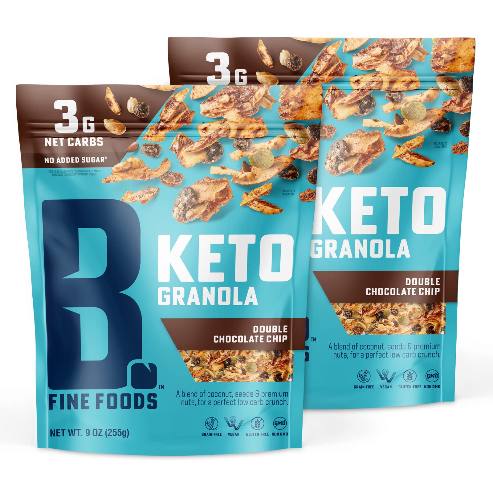 B. Fine Foods - Keto Granola High Protein Snack - Double Chocolate Chip - Breakfast Blend of Coconut, Seeds & Nuts - 3g Net Carbs, Gluten