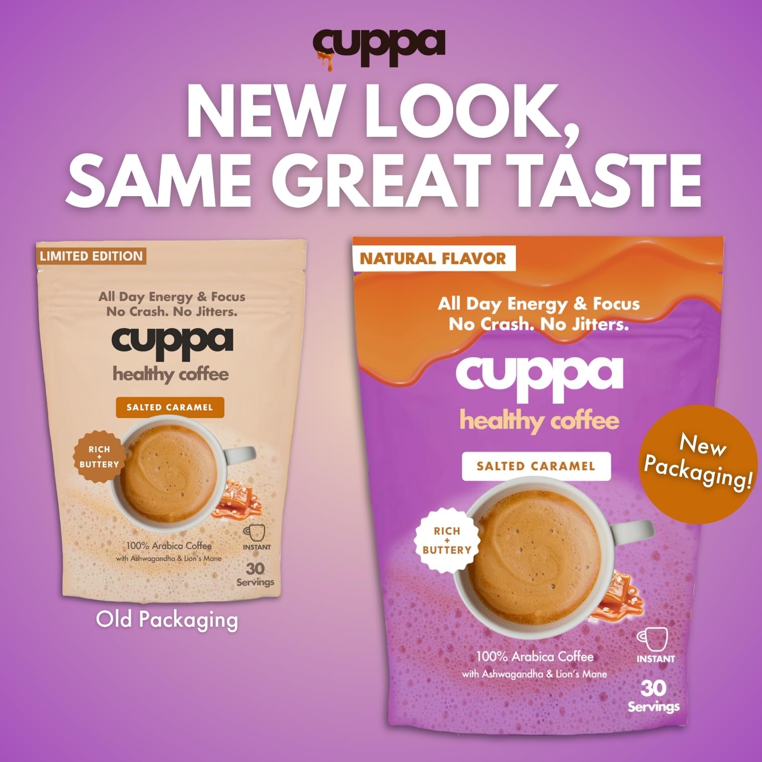 Cuppa Salted Caramel Mushroom Coffee with Adaptogens & Superfoods - Lion’s Mane, Ashwagandha & Cordyceps. Adaptogens + MCT to support natural energy