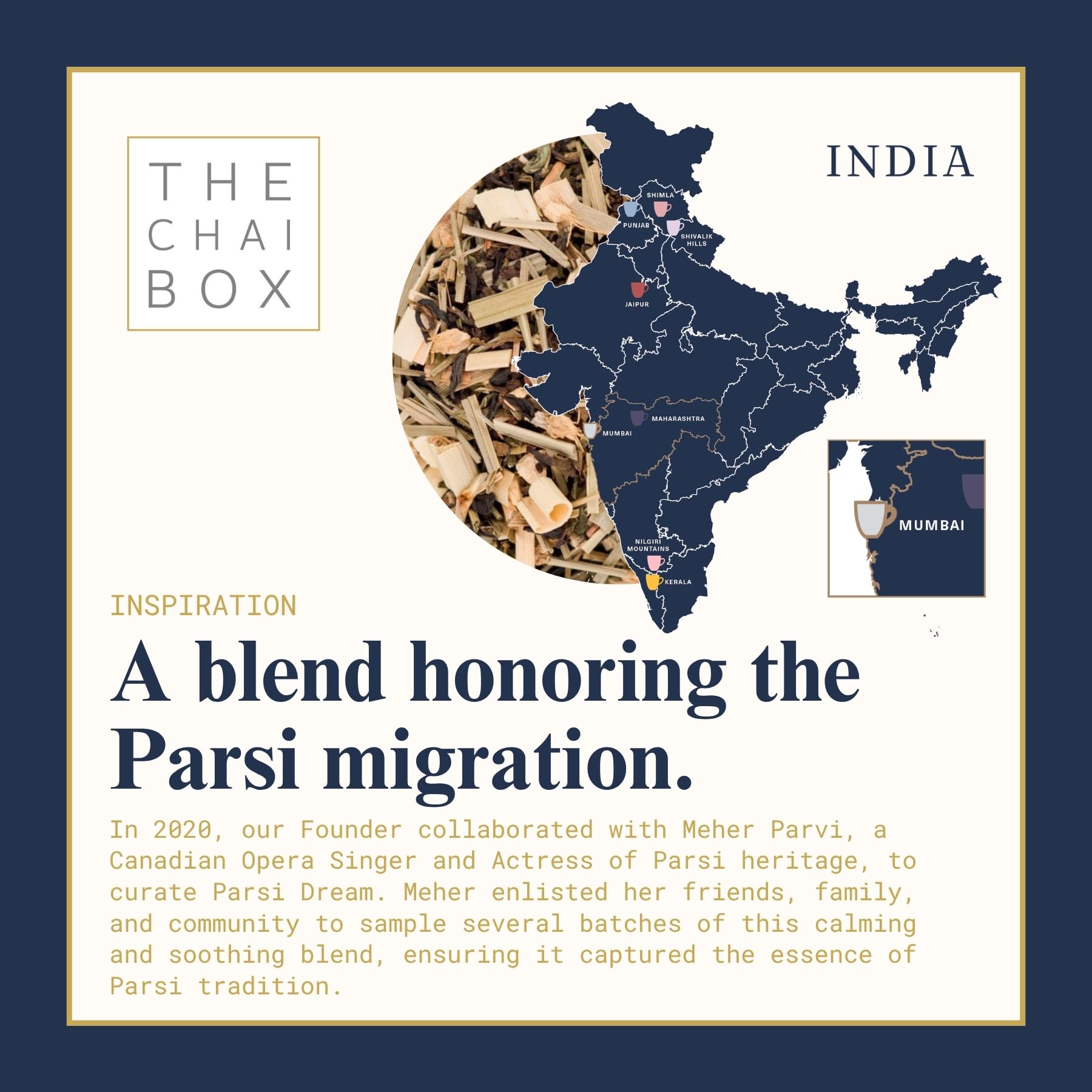 The Chai Box - Parsi Dream - Black Loose Leaf Tea w/Lemongrass, Ginger, Mint. A celebration of the beautiful Parsi culture - Made in Small Batches