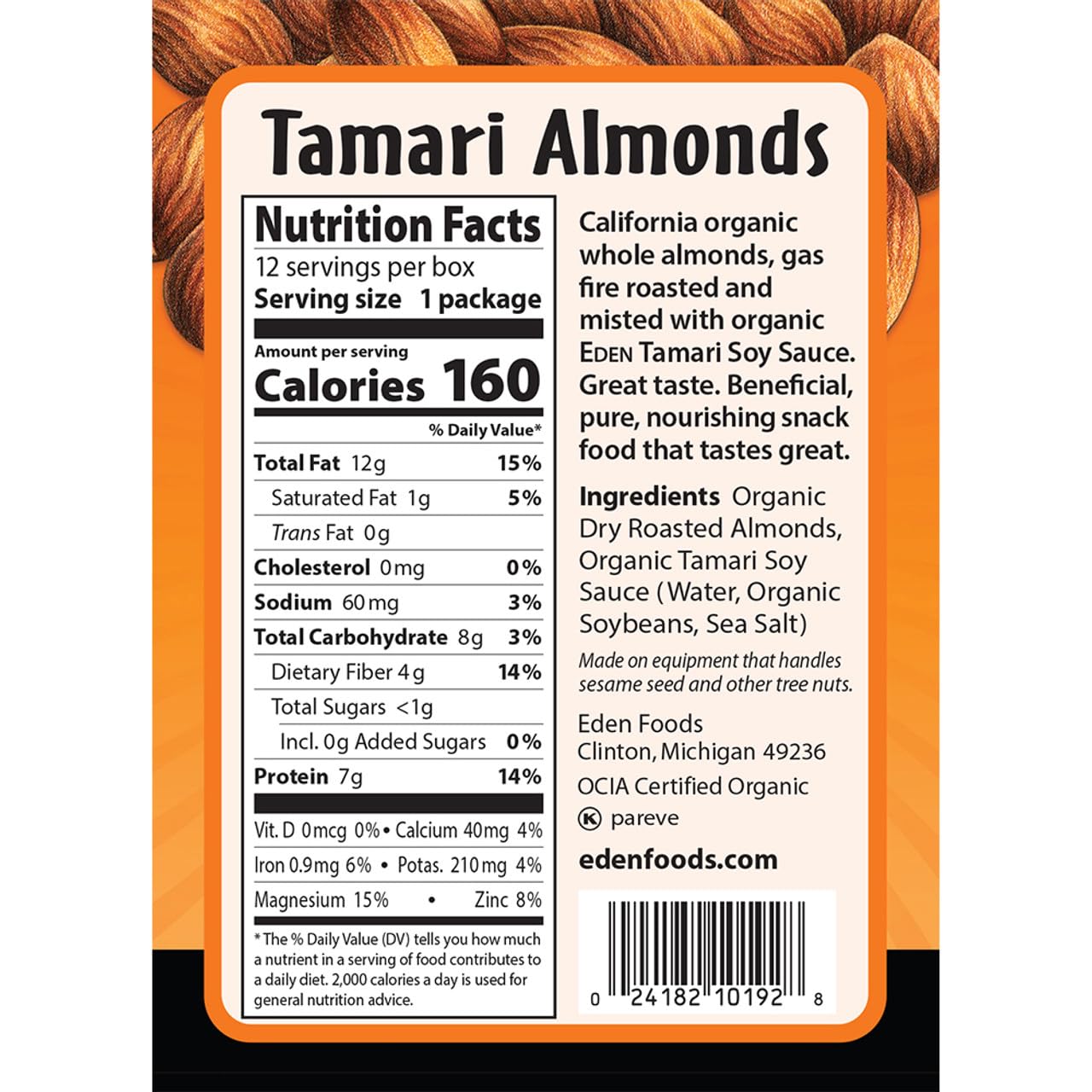 Eden Organic Tamari Almonds, Dry Roasted, Pocket Snacks, 1 oz