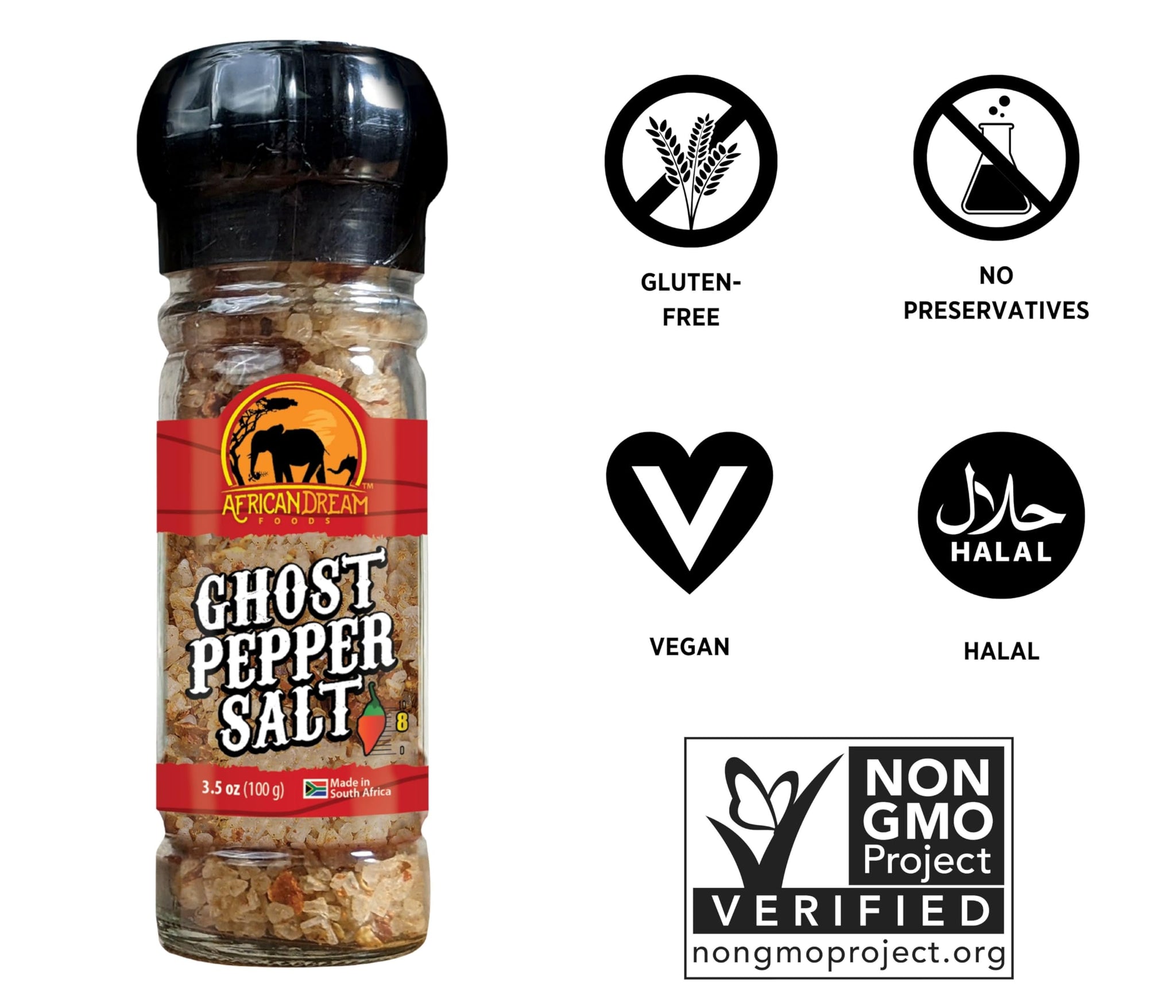 Ghost Pepper Salt Seasoning by African Dream Foods | Spicy Chili Salt with only Natural Hot Ghost Peppers & Sea Salt | Ideal for Meat, Chicken