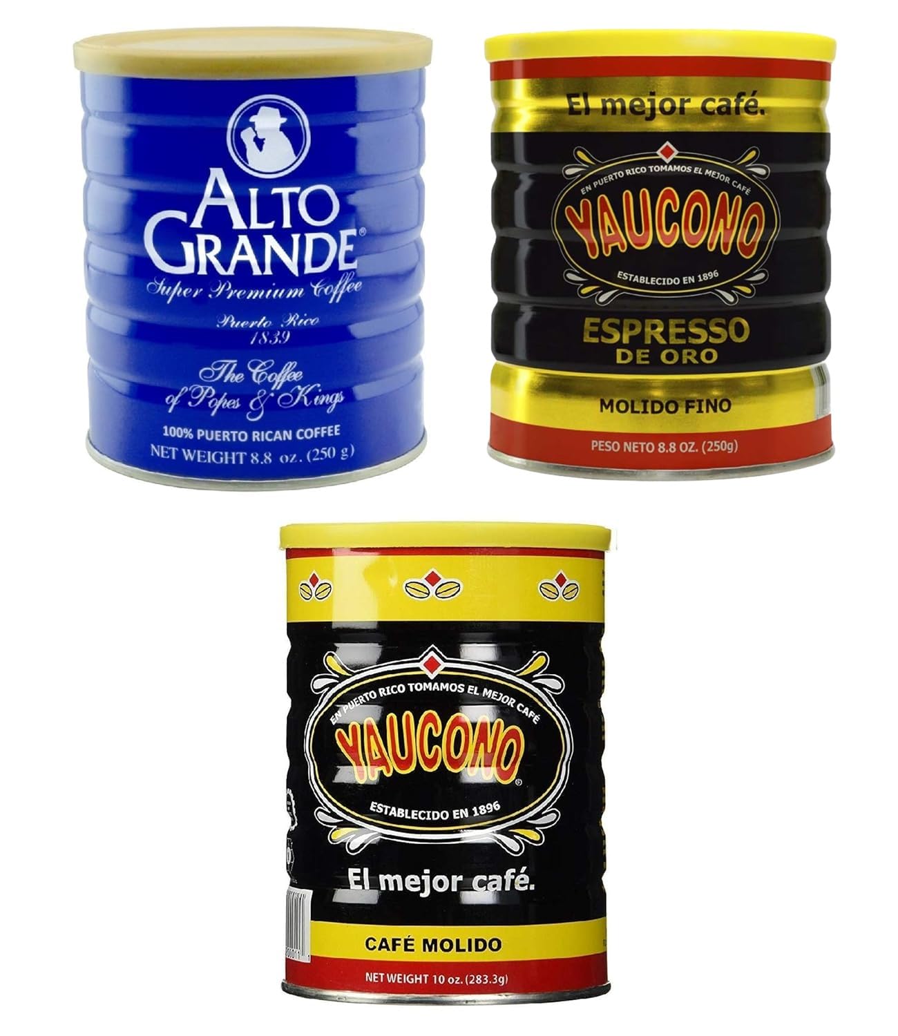 Alto Grande Arabica Medium-Dark Roast 8.8 Ounce, Yaucono Espresso Dark Roast 8.8 Ounce, Yaucono Medium Roast 10 Ounce, Ground Coffee Canisters Variety