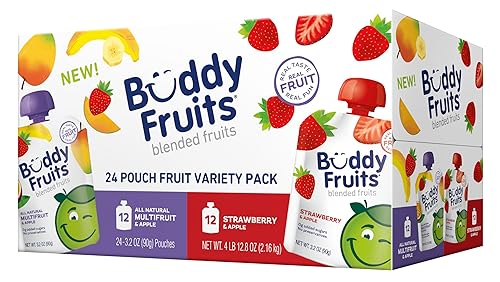 Buddy Fruits Variety Pack Fruit Pouches for Kids - Multifruit & Strawberry Unsweetened Applesauce, 3.2oz Squeeze Pouches (Pack of 24) | 100% Real