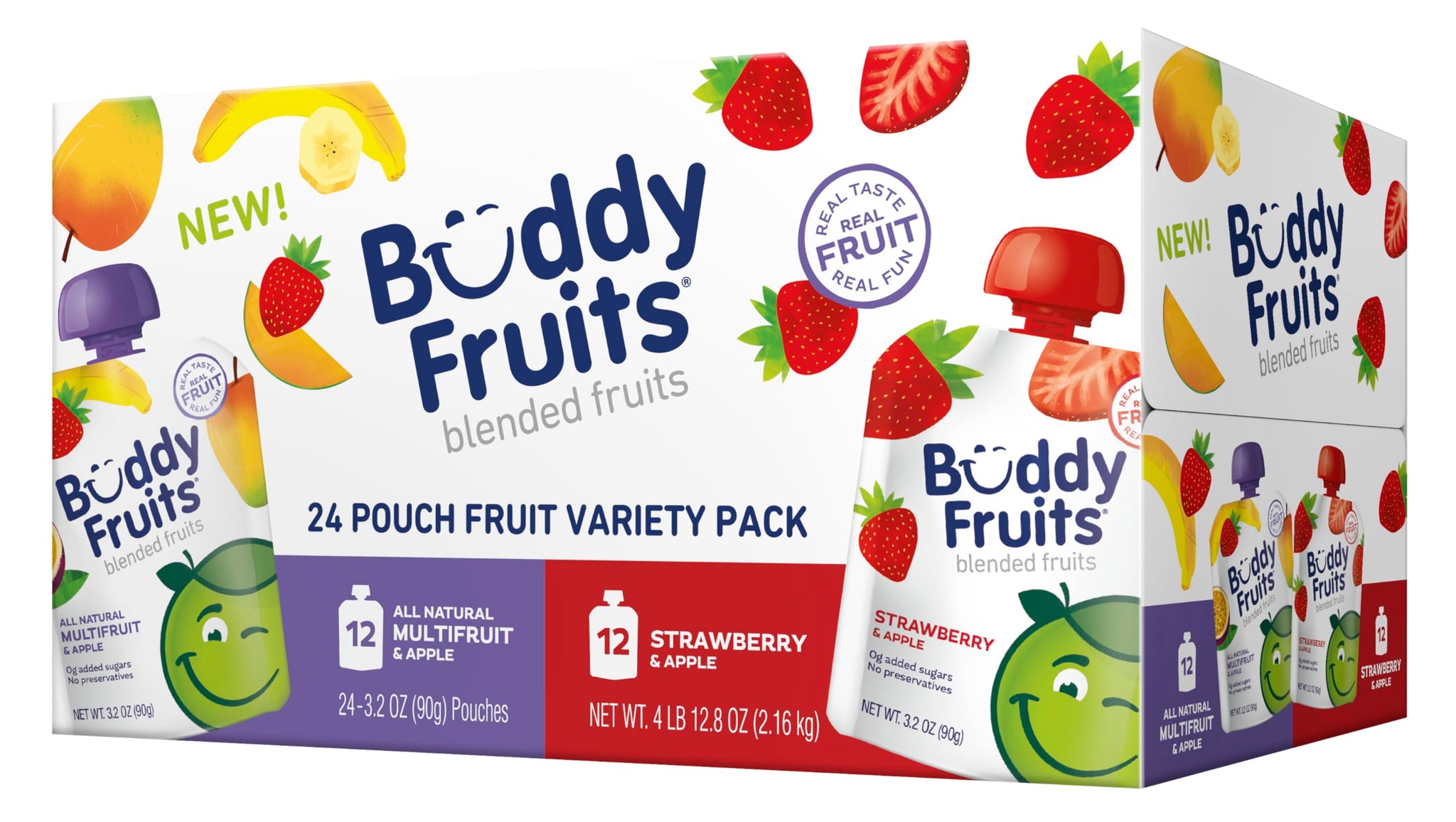 Buddy Fruits Variety Pack Fruit Pouches for Kids - Multifruit & Strawberry Unsweetened Applesauce, 3.2oz Squeeze Pouches (Pack of 24) | 100% Real
