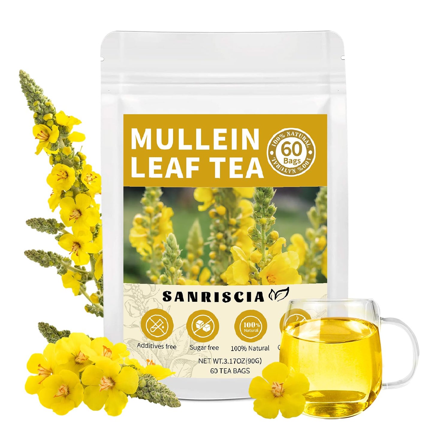 60 Handmade Mullein Tea Bags,100% Pure and Natural Mullein Leaf Tea, No Sugar/Caffeine/Additives, Support Lung Health & Respiratory Wellness