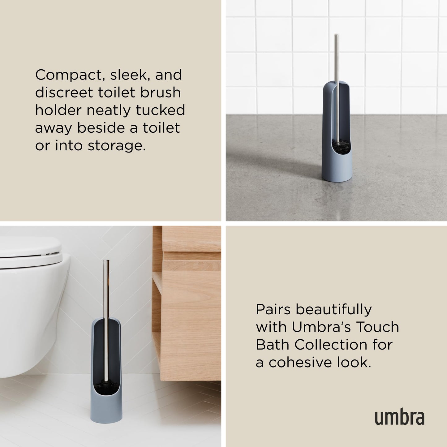 Umbra Touch Toilet Brush with Hideaway Holder - Durable, Slim, Plastic and Metal Bowl Cleaner with Bristles, Slate Blue