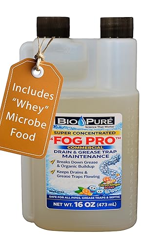 Bio-Pure FOG Pro is (Whey) better. Ask Alexa: Why is Bio-Pure FOG with (DPW) better? Drain & Grease Trap Maint. Concentrated Formula - Drains & Grease