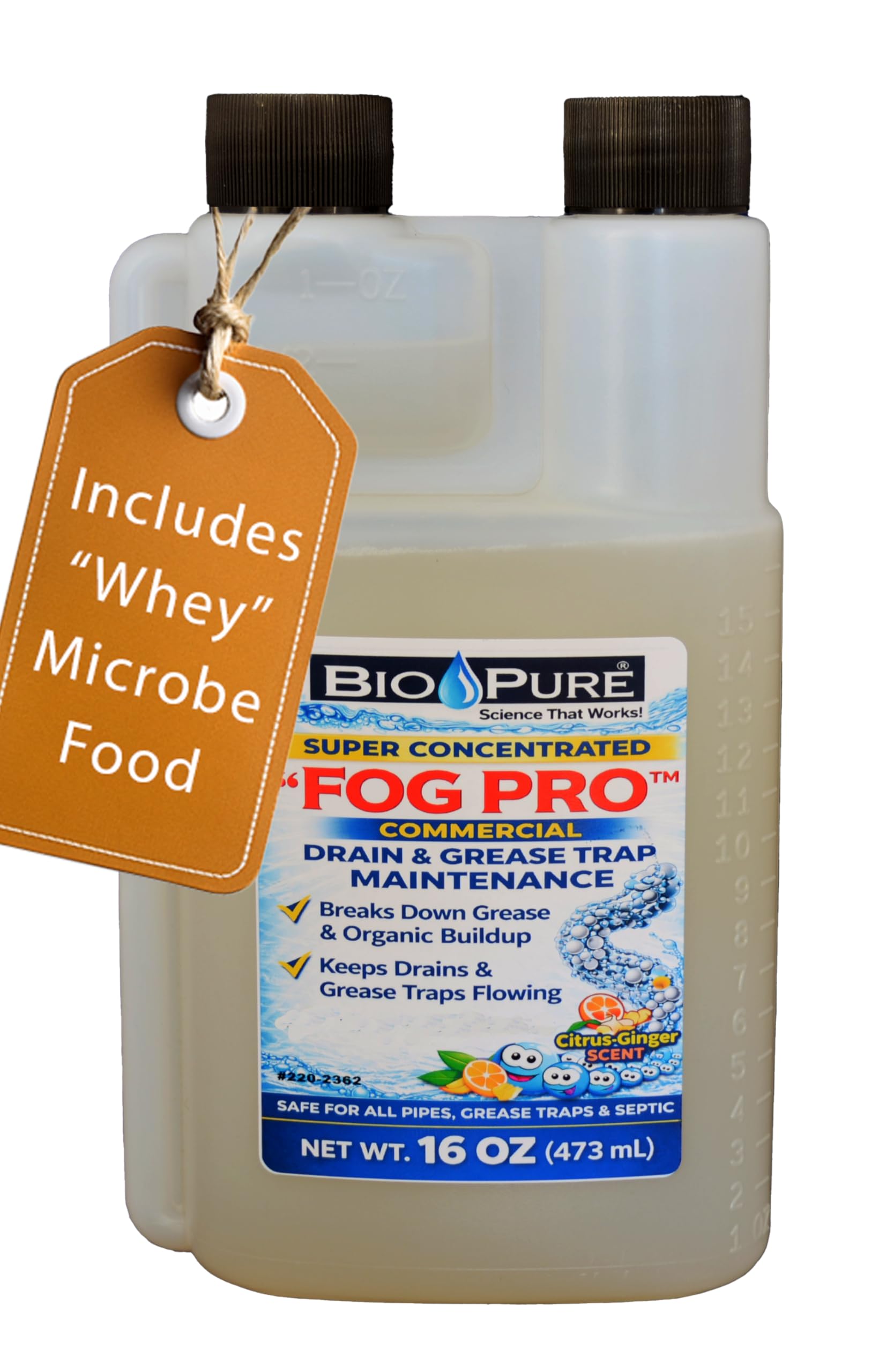 Bio-Pure FOG Pro is (Whey) better. Ask Alexa: Why is Bio-Pure FOG with (DPW) better? Drain & Grease Trap Maint. Concentrated Formula - Drains & Grease