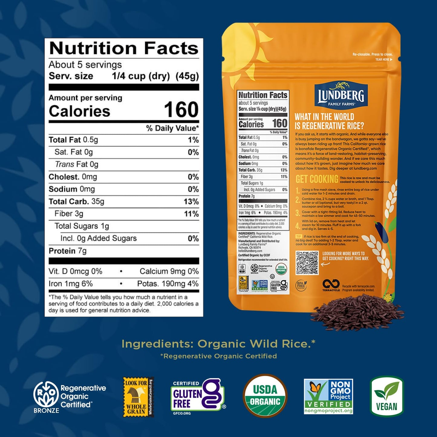 Lundberg Wild Rice, Regenerative Organic Certified - 100% Natural California Cultivated Wild Black Rice, 8 Oz