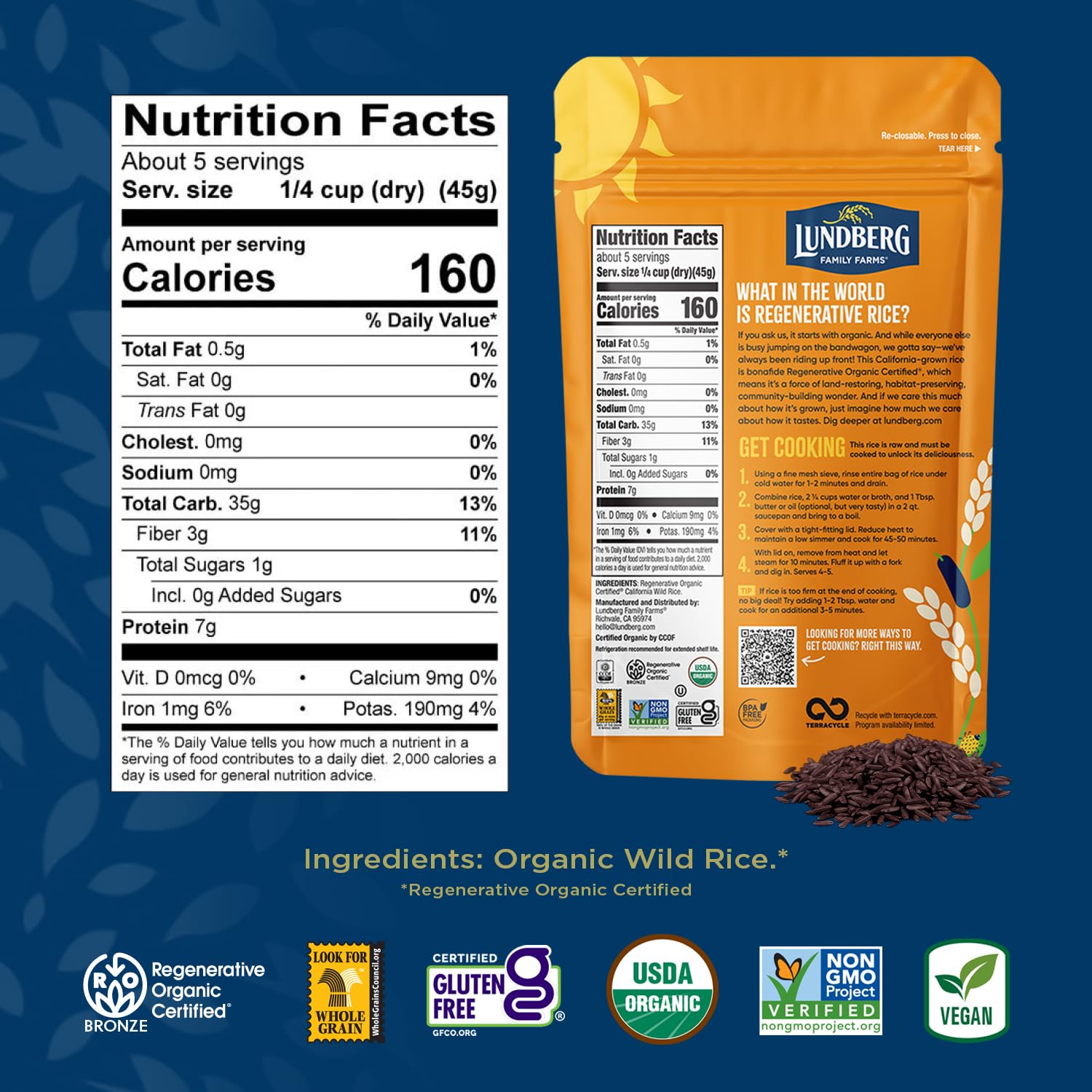 Lundberg Wild Rice, Regenerative Organic Certified - 100% Natural California Cultivated Wild Black Rice, 8 Oz