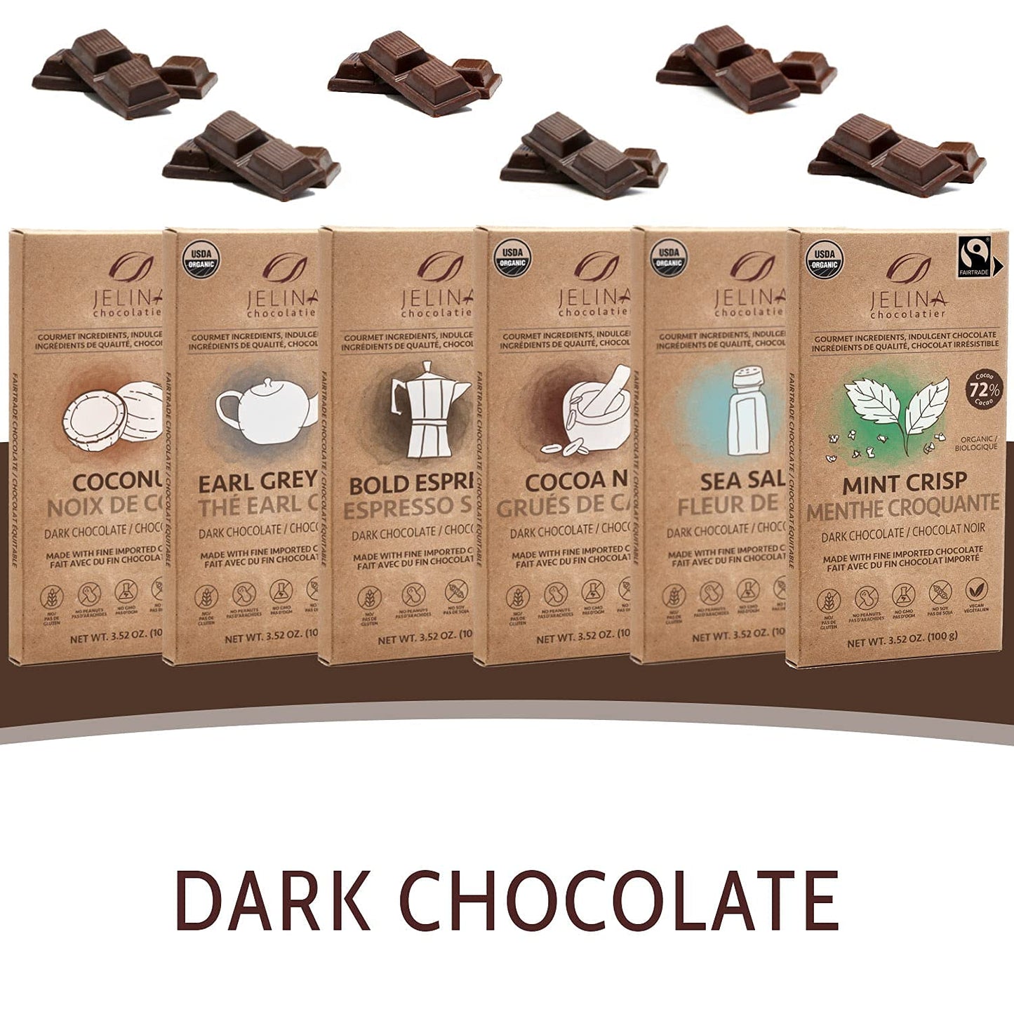 Jelina Chocolatier | Dark Chocolate Bar with Cacao Nibs | Fair Trade Chocolate Bars | Imported, Non-GMO, Natural Chocolates - 3.52oz Each (Cacao Nibs