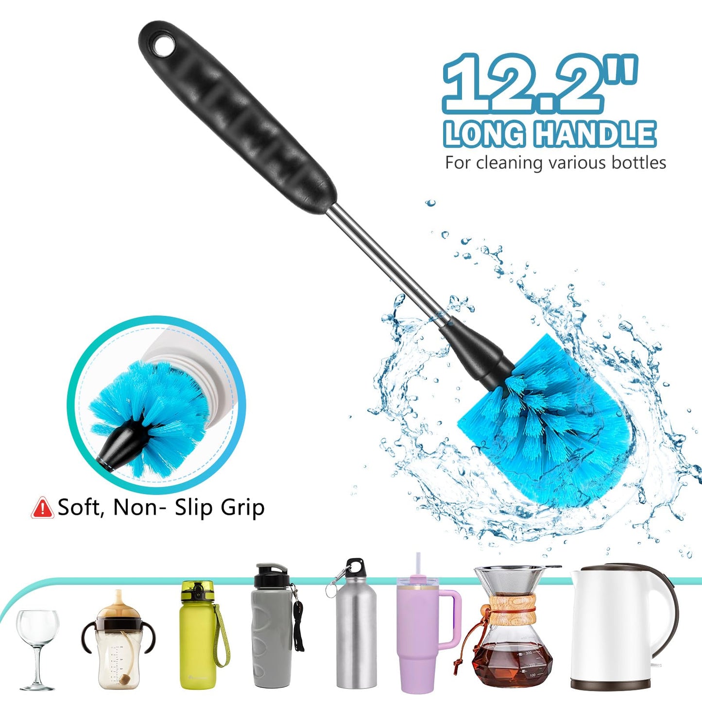 12.2 inch Bottle Brush Set of Three?Washable Coffee Cups, Water Bottles, Baby Bottles, Straws, to-go Cups, Long-Handled 3-in-1 Stainless Steel Bottle