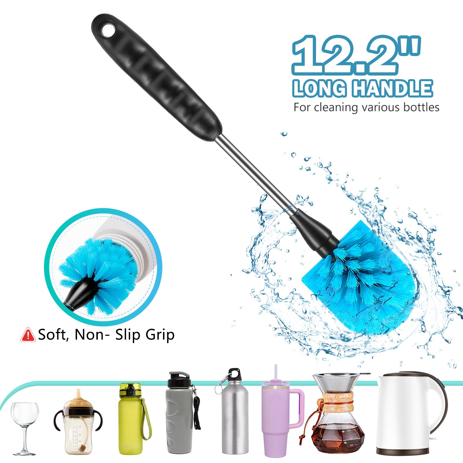 12.2 inch Bottle Brush Set of Three?Washable Coffee Cups, Water Bottles, Baby Bottles, Straws, to-go Cups, Long-Handled 3-in-1 Stainless Steel Bottle
