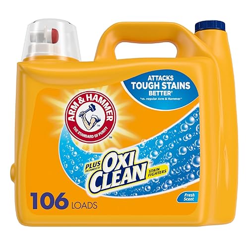 ARM & HAMMER Plus OxiClean Laundry Detergent, 5 in 1 Laundry Stain Remover, Fresh Scent Liquid Laundry Detergent, 185.5 Fl Oz Bottle