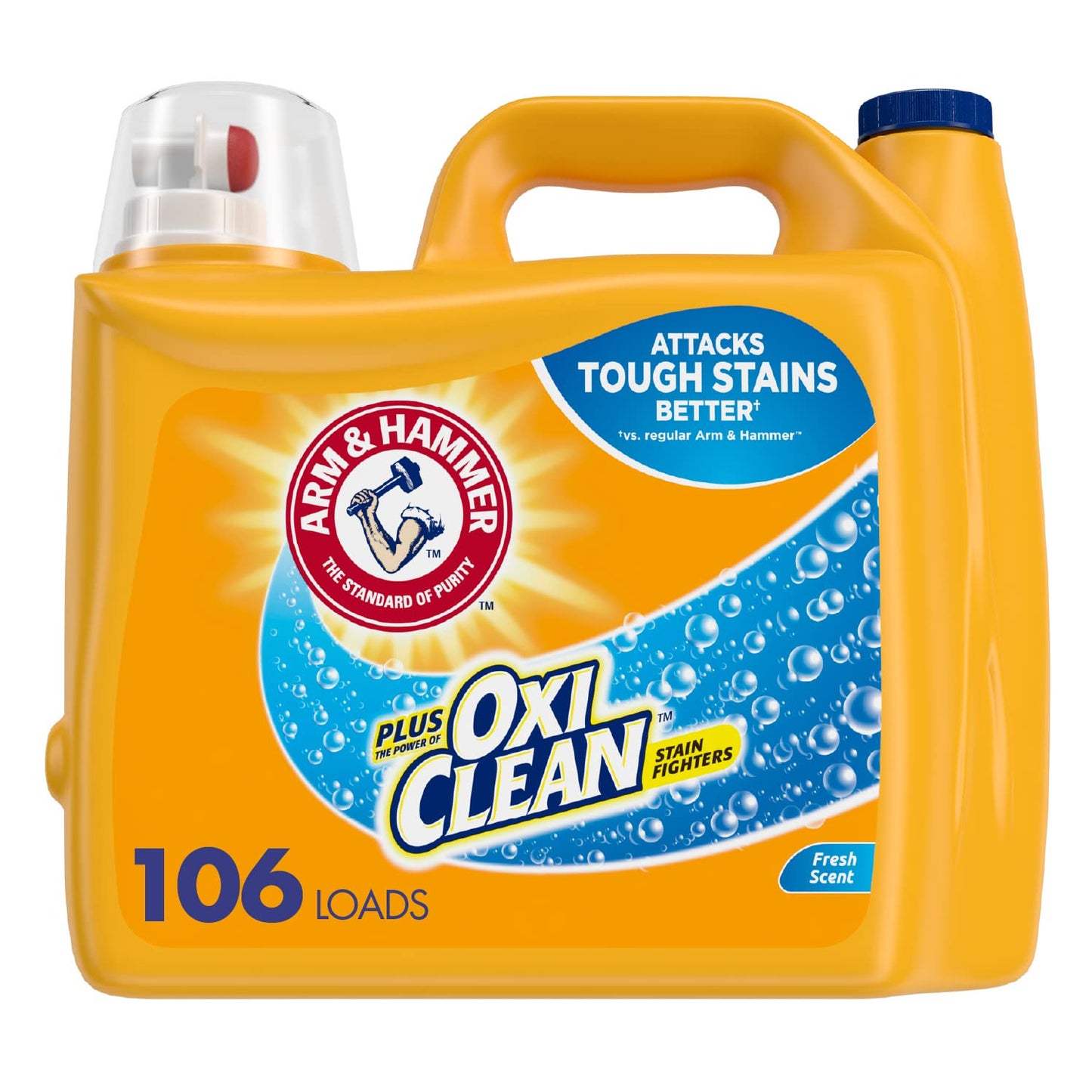 ARM & HAMMER Plus OxiClean Laundry Detergent, 5 in 1 Laundry Stain Remover, Fresh Scent Liquid Laundry Detergent, 185.5 Fl Oz Bottle