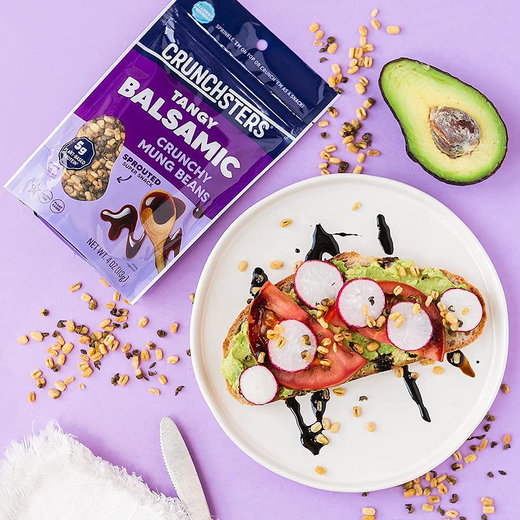 Crunchsters Sprouted Mung Beans, Plant-Based Protein Super-Snack and Salad Topper, Gluten-Free, Nut-Free, Vegan, 5g Protein/Serving, 4oz. Bags, Tangy