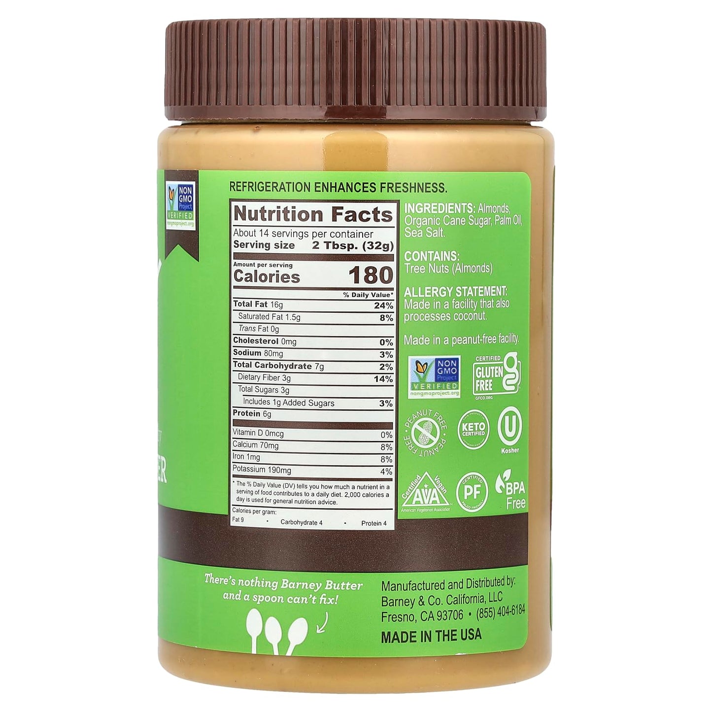 Barney Butter Almond Butter, Crunchy, 16 Ounce Jar, Skin-Free Almonds, No Stir, Non-GMO, Gluten Free, Keto, Paleo, Vegan