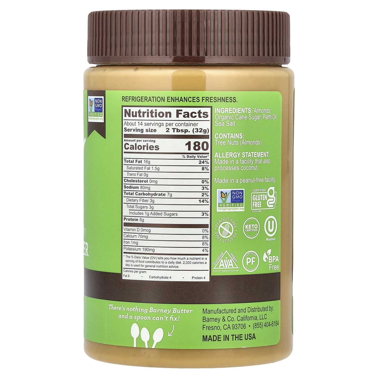 Barney Butter Almond Butter, Crunchy, 16 Ounce Jar, Skin-Free Almonds, No Stir, Non-GMO, Gluten Free, Keto, Paleo, Vegan