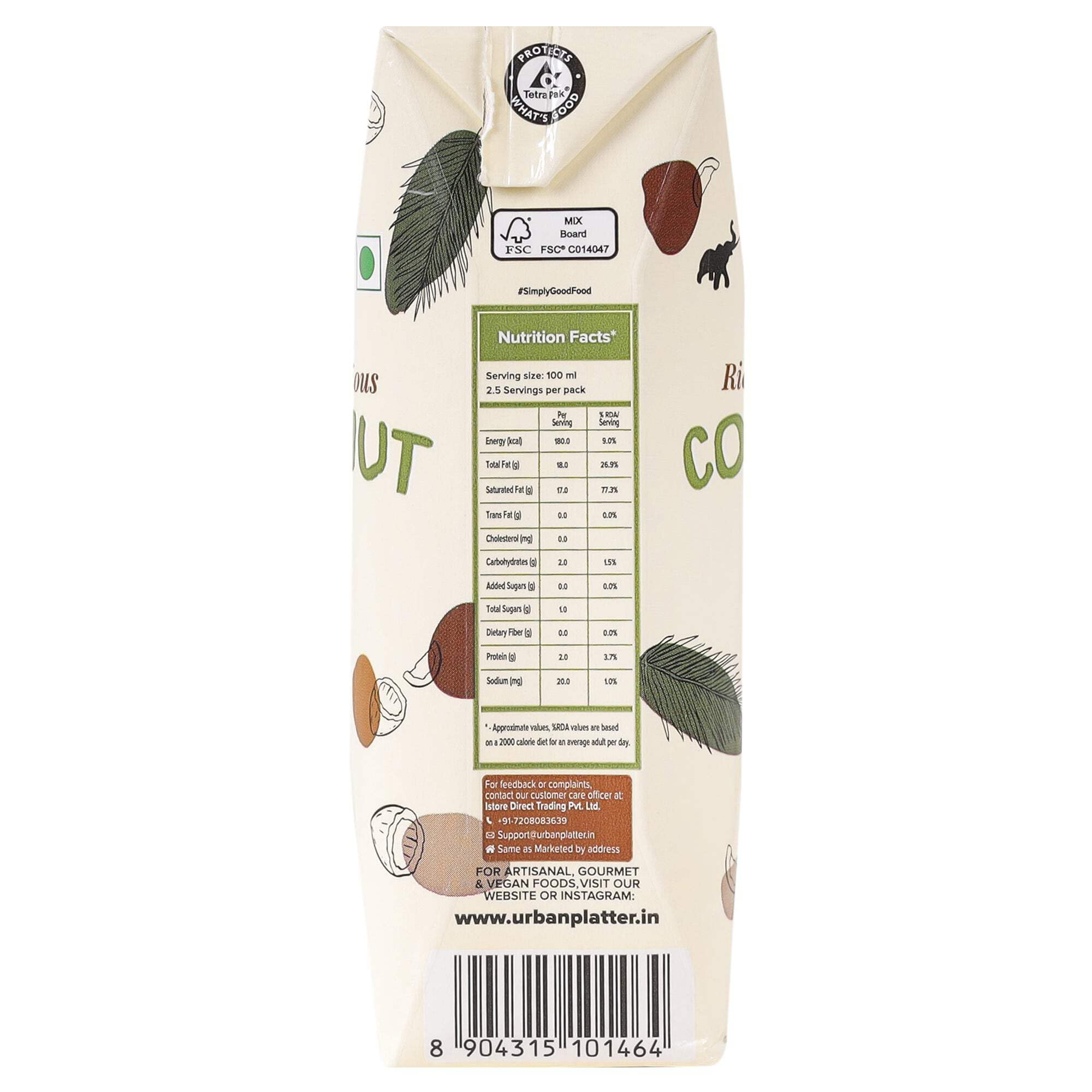 Urban Platter Unsweetened Coconut Milk 8.45 Fl Oz (Pack of 3) | Plant Based & Dairy Free | Creamy & Delicious | Ideal For Drinks, Curries, Pudding, Desserts, Baking Goods & More