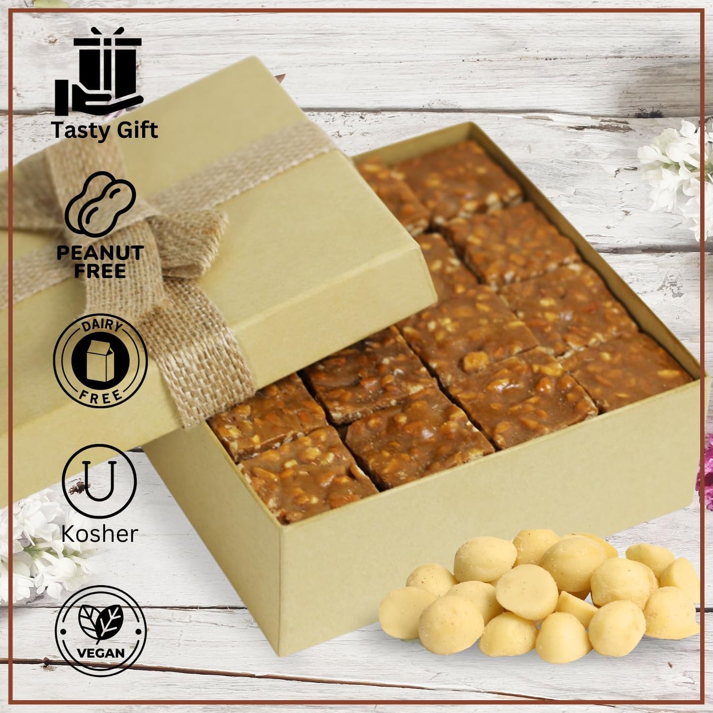 Gourmet Macadamia Brittle Gift Box - by Its Delish | Handmade Old-Fashioned Style | Beautiful & Delicious Square Cut Pieces 16 Oz Macadamia Brittle |