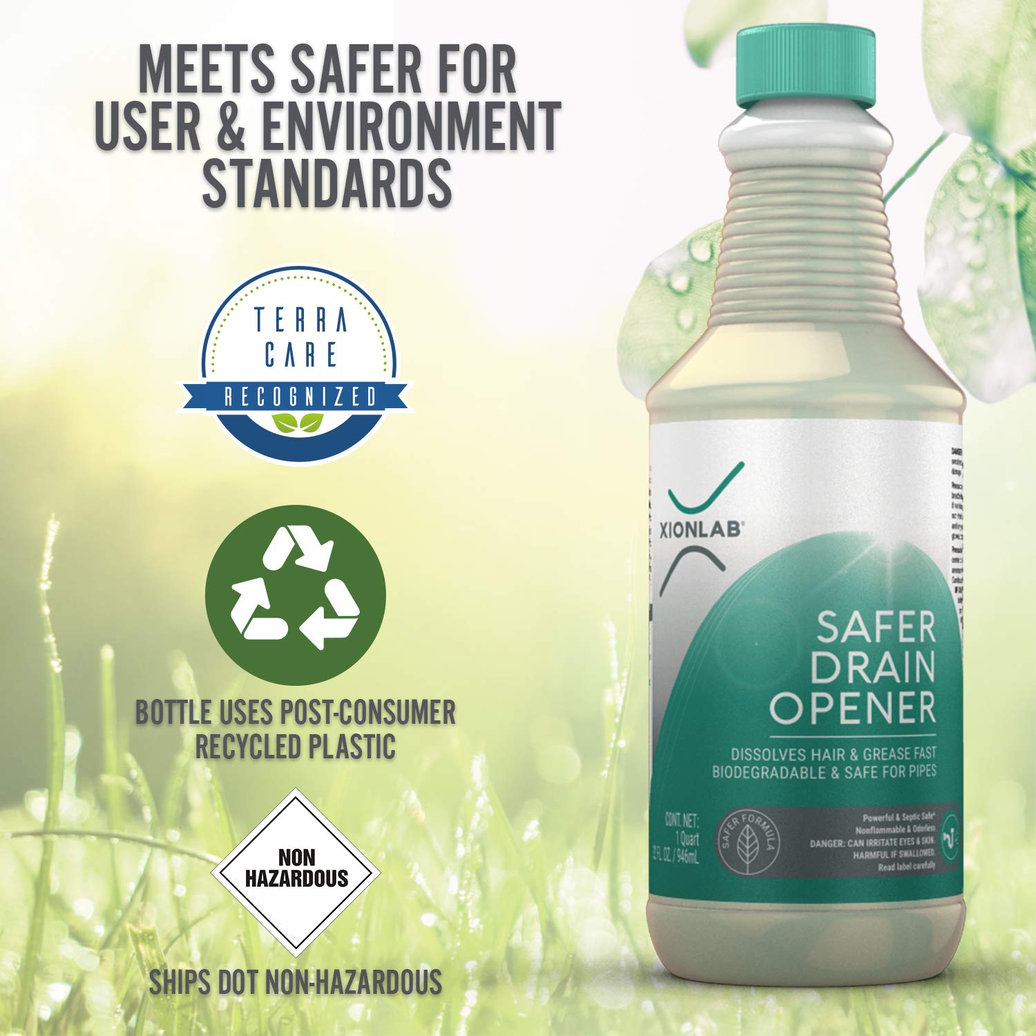 XionLab Safer, Greener Drain Clog Remover - Industrial-Strength Liquid Drain Cleaner for Hair & Grease - Septic Safe, Odorless, Biodegradable