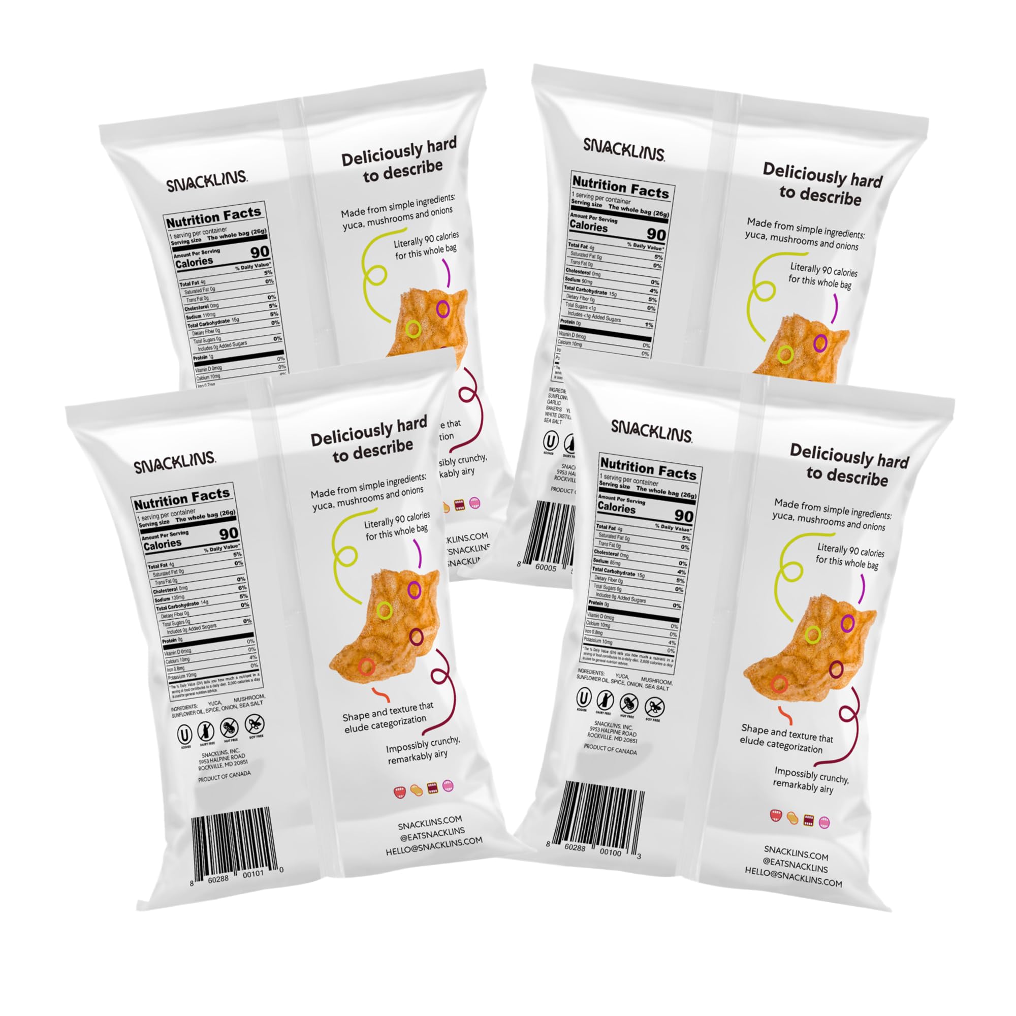 SNACKLINS Plant Based Crisps 4 Flavor Variety - Nacho, BBQ, Teriyaki, Chesapeake Bay - Gluten Free, Grain Free, 100% Kosher, Crunchy Puffed Snack Only