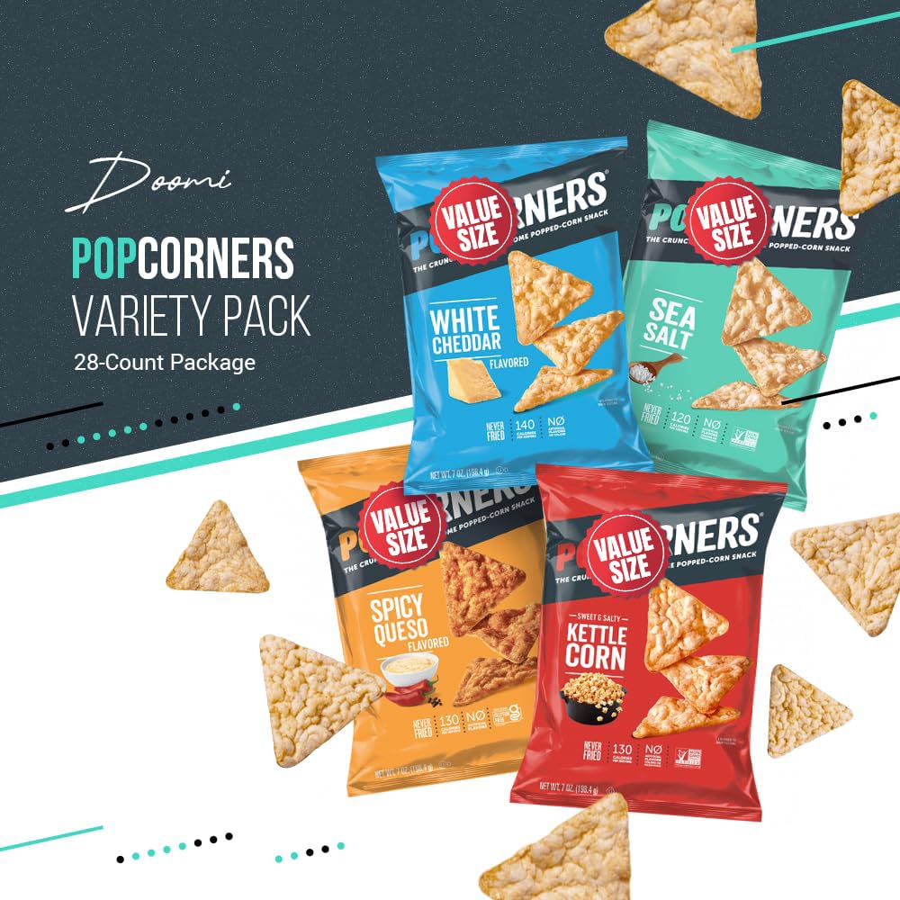 Pop-Cornners Snacks Gluten Free Chips, 5 Flavor Variety Pack 28 Count 1 oz Bags Packaged By Doomi, Individual Snack Bags in Sea Salt, White Cheddar