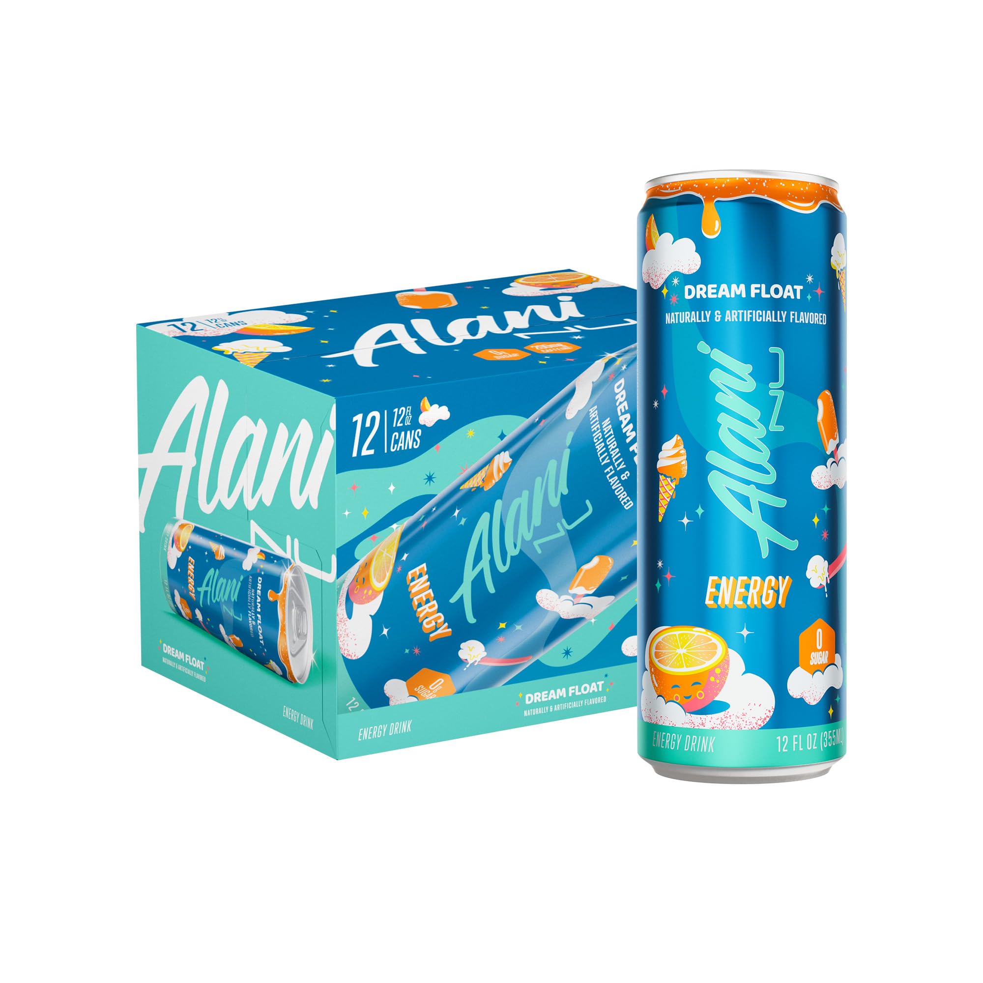 Alani Nu DREAM FLOAT, Sugar Free, Low Calorie Energy Drinks, 200mg Caffeine, Biotin, B Vitamins, Zero Sugar, 10 Calories, 12 Fl Oz Cans, 12 Pack