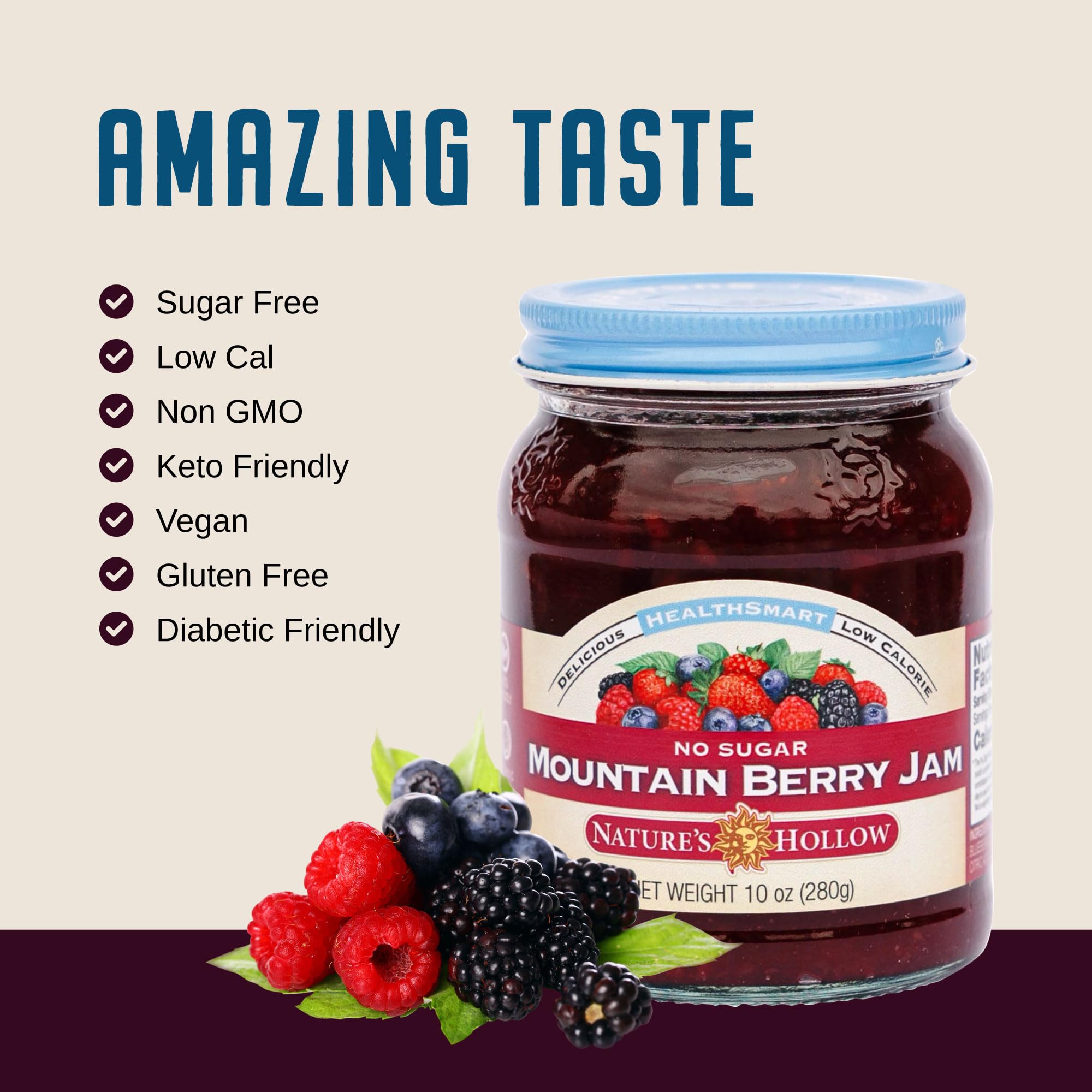 Nature's Hollow Mountain Berry Jam: Sugar Free Jam and Preserves, Low Cal, Non GMO, Keto Jam, Vegan, Gluten Free, and Diabetic Friendly - Sugar Free